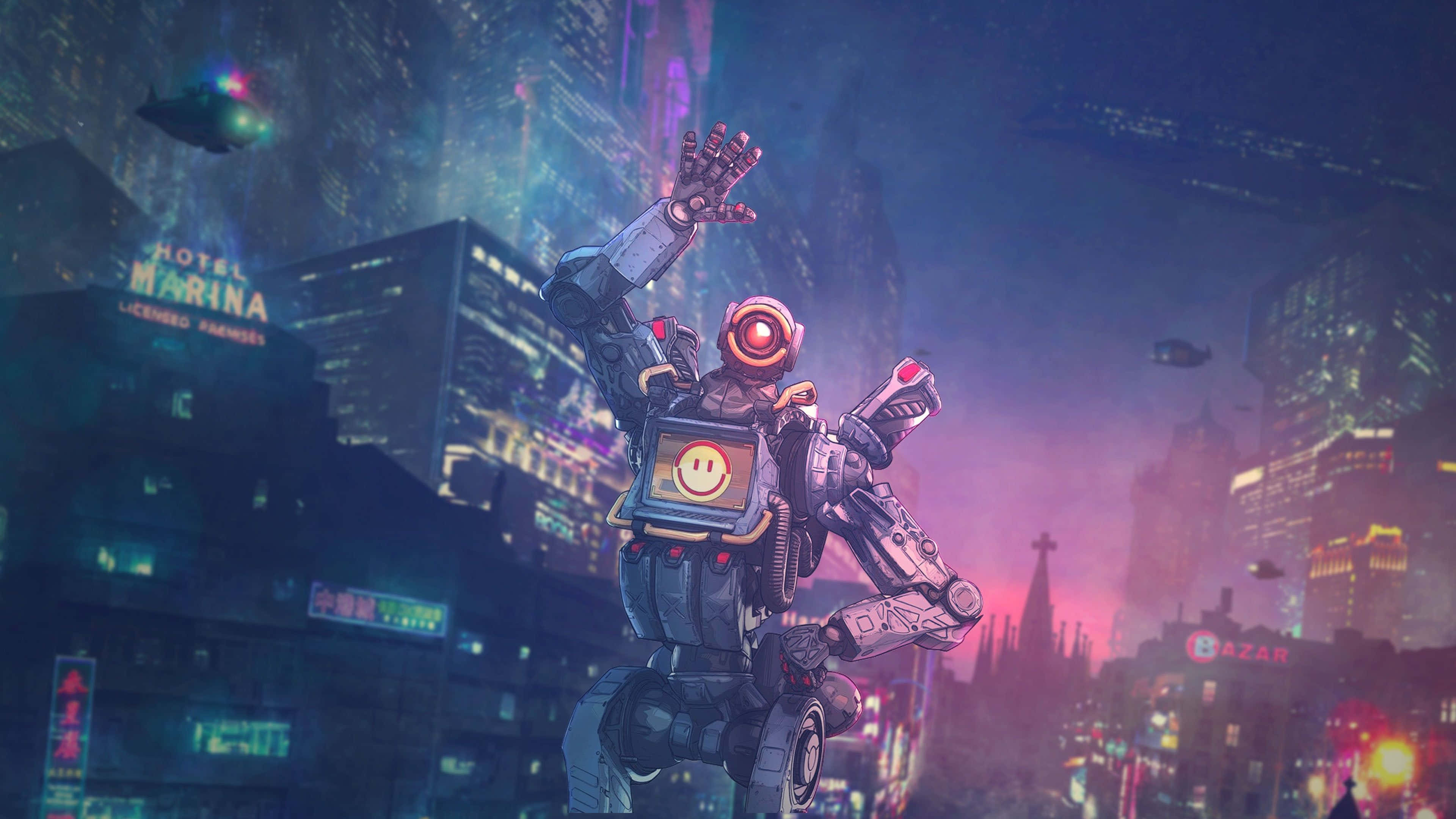 Apex 英雄 桌布 壁紙 — 一個帶著笑臉背包的開心機器人在夜晚霓虹燈閃爍的賽博龐克城市景觀中揮手。