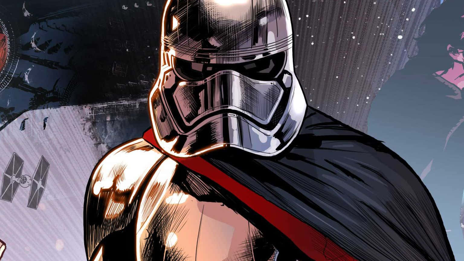 Captain Phasma 桌布 壁紙 — 一個帶著紅色斗篷的威脅性風暴兵站在星空太空背景前，背景中有TIE戰鬥機和死星碎片。