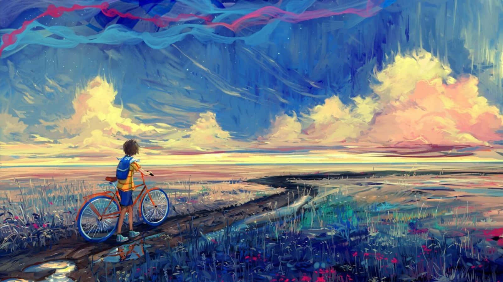 Visual Art 桌布 壁紙 — 一個帶著腳踏車的小孩站在小徑上，凝視著廣闊的天空，天空被旋轉的雲彩和鮮豔的日落色彩所描繪。