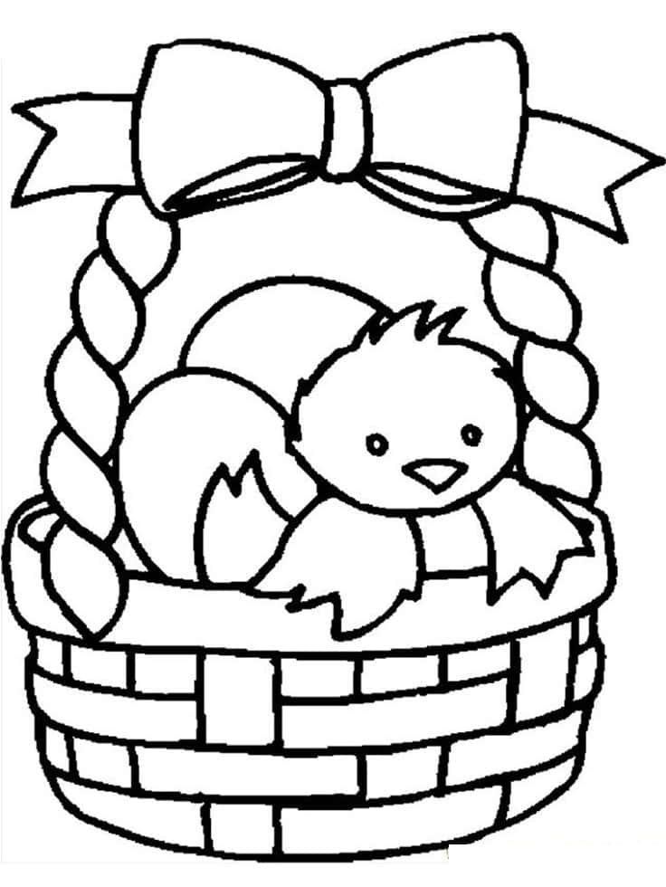 basket 桌布 壁紙 — 一個帶蝴蝶結的編織籃子，裡面有一隻小雞和雞蛋的黑白線條畫。