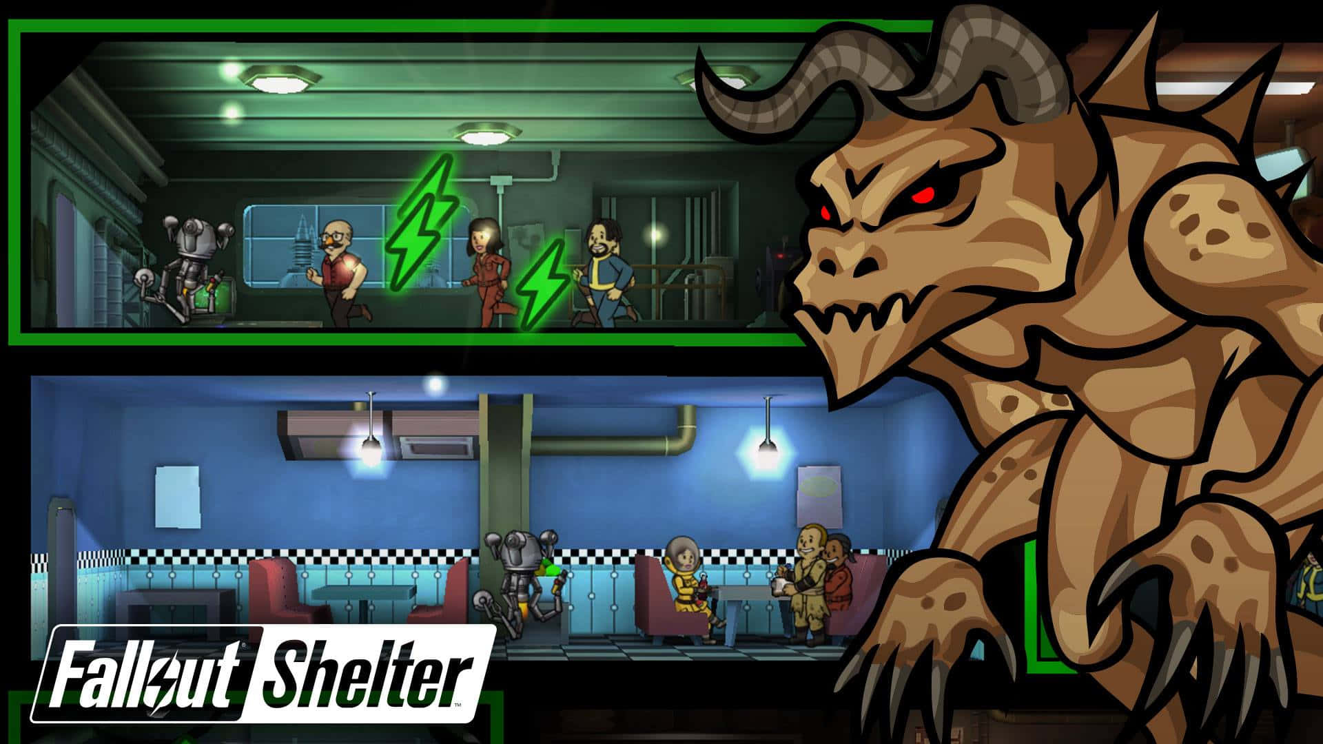 Fallout Shelter 桌布 壁紙 — 一個帶角的威脅性怪物籠罩在Fallout Shelter的分屏場景上，伴隨著發光的綠色閃電和昏暗餐廳中的角色。