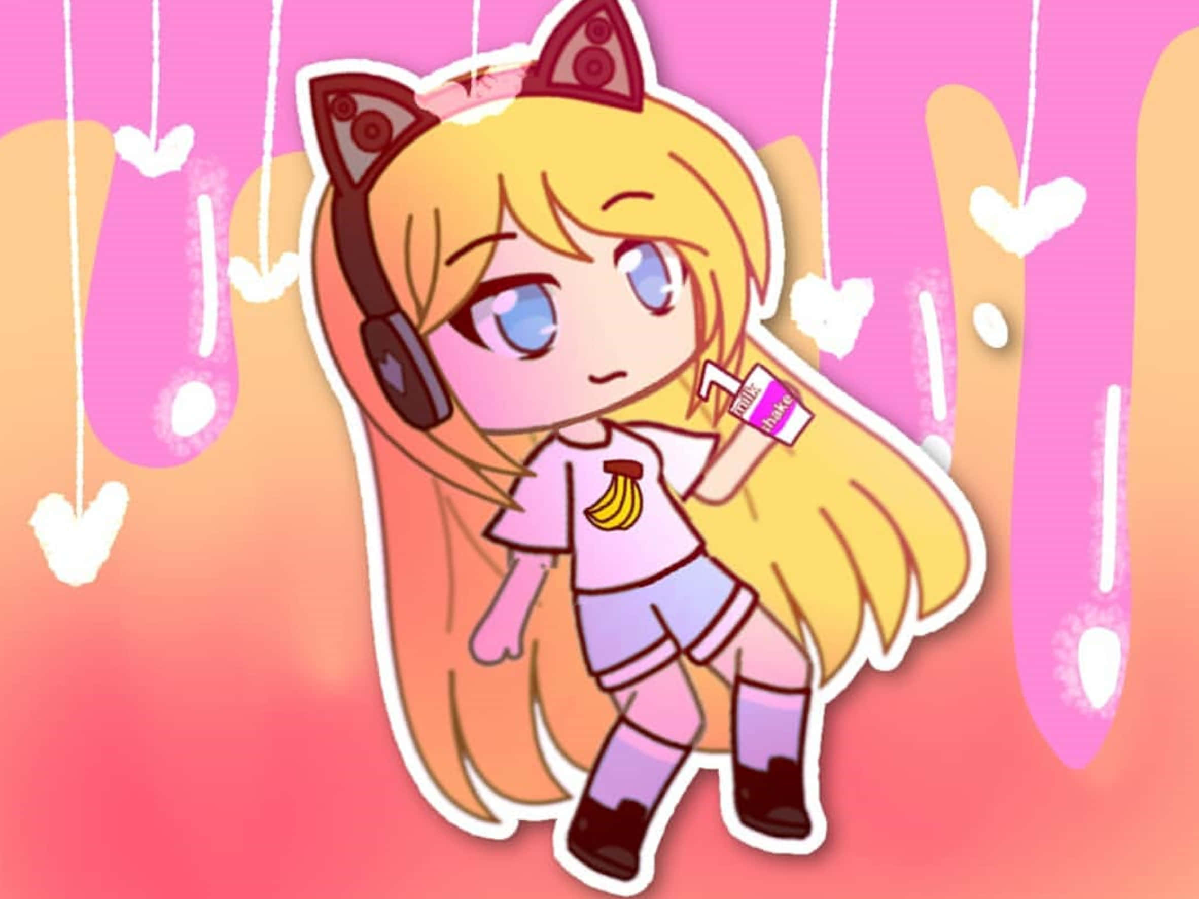 Gacha Life 桌布 壁紙 — 一個帶貓耳和耳機的Q版動漫女孩，在粉紅和橙色漸變背景上拿著飲料，背景有懸掛的心形。