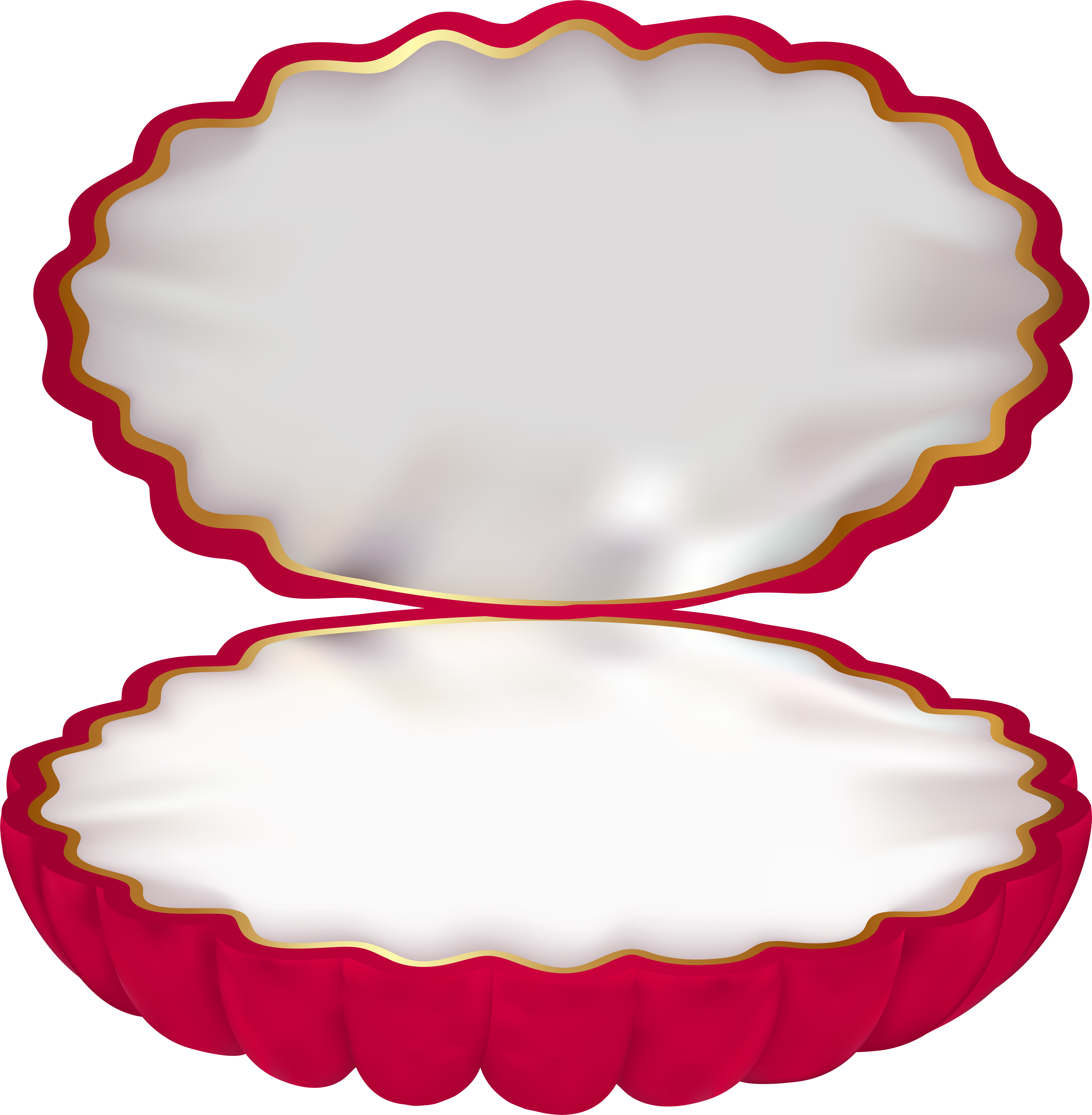 Sea Shell 桌布 壁紙 — 一個帶金色邊框的光澤紅色蛤殼打開，露出黑色背景下的發光珍珠內部。