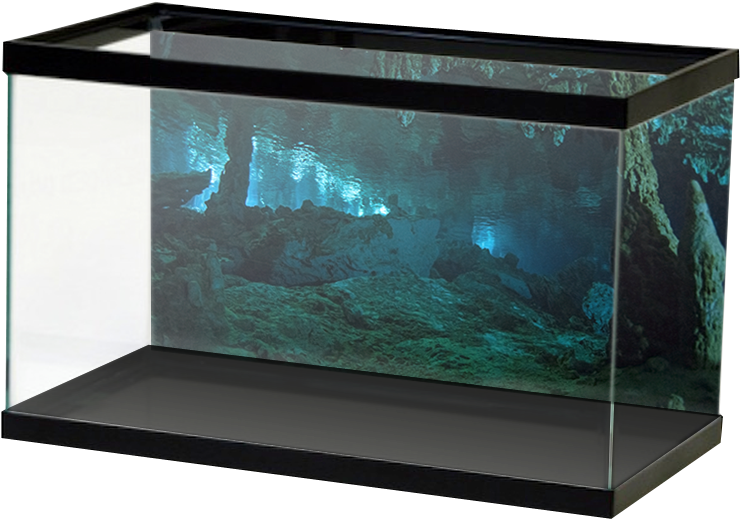 水族箱 桌布 壁紙 — 一個帶黑色框架的長方形水族箱展示了一個水下洞穴場景，有岩石結構和藍綠色燈光。