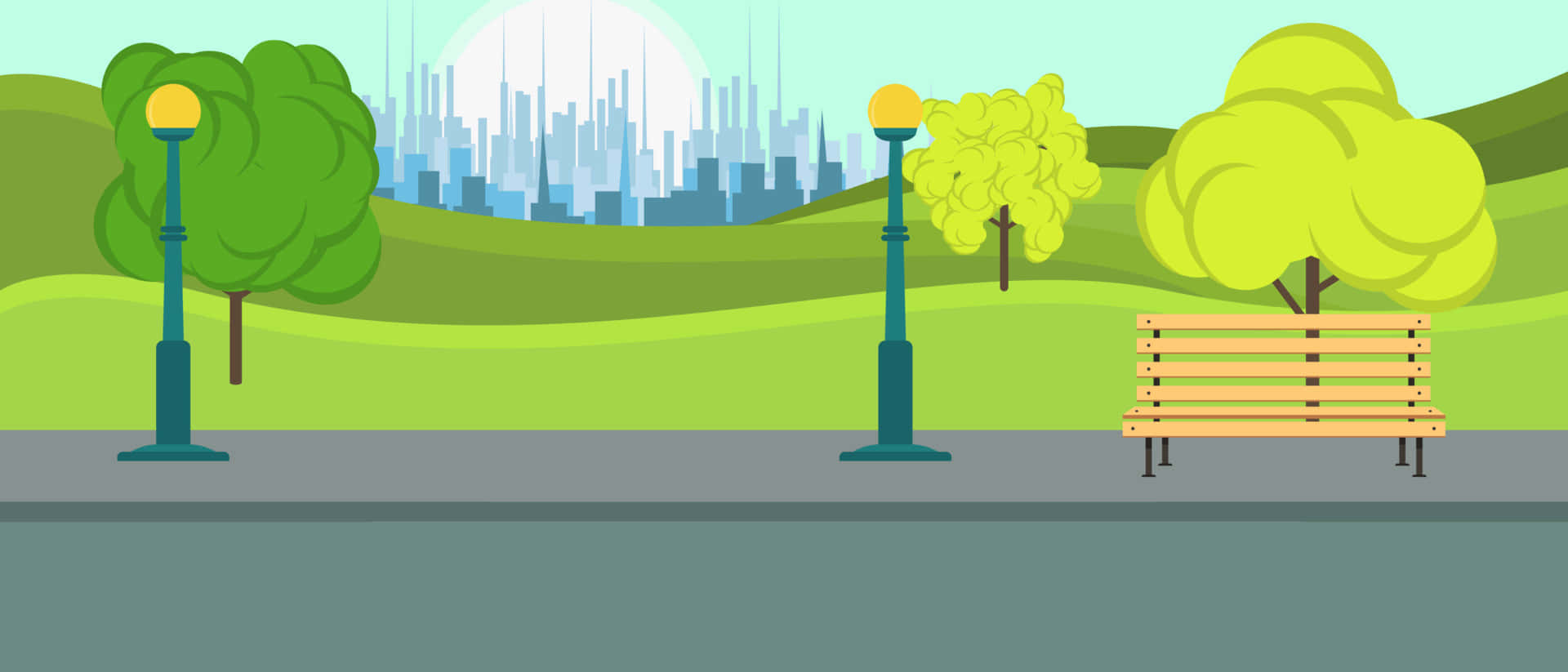 Cartoon City 桌布 壁紙 — 一個平坦的向量公園場景，有綠色山丘、樹木和一條長椅，俯瞰著遠處的城市天際線，在蒼白的太陽下。