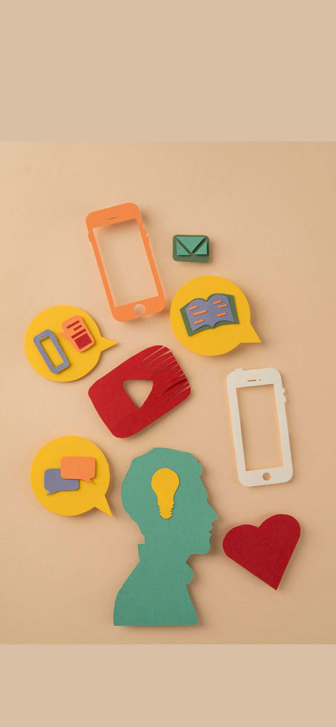 iPhone X Social 桌布 壁紙 — 一個平鋪的彩色紙剪裁，展示社交媒體圖標和一個內部有燈泡的人類頭部剪影。
