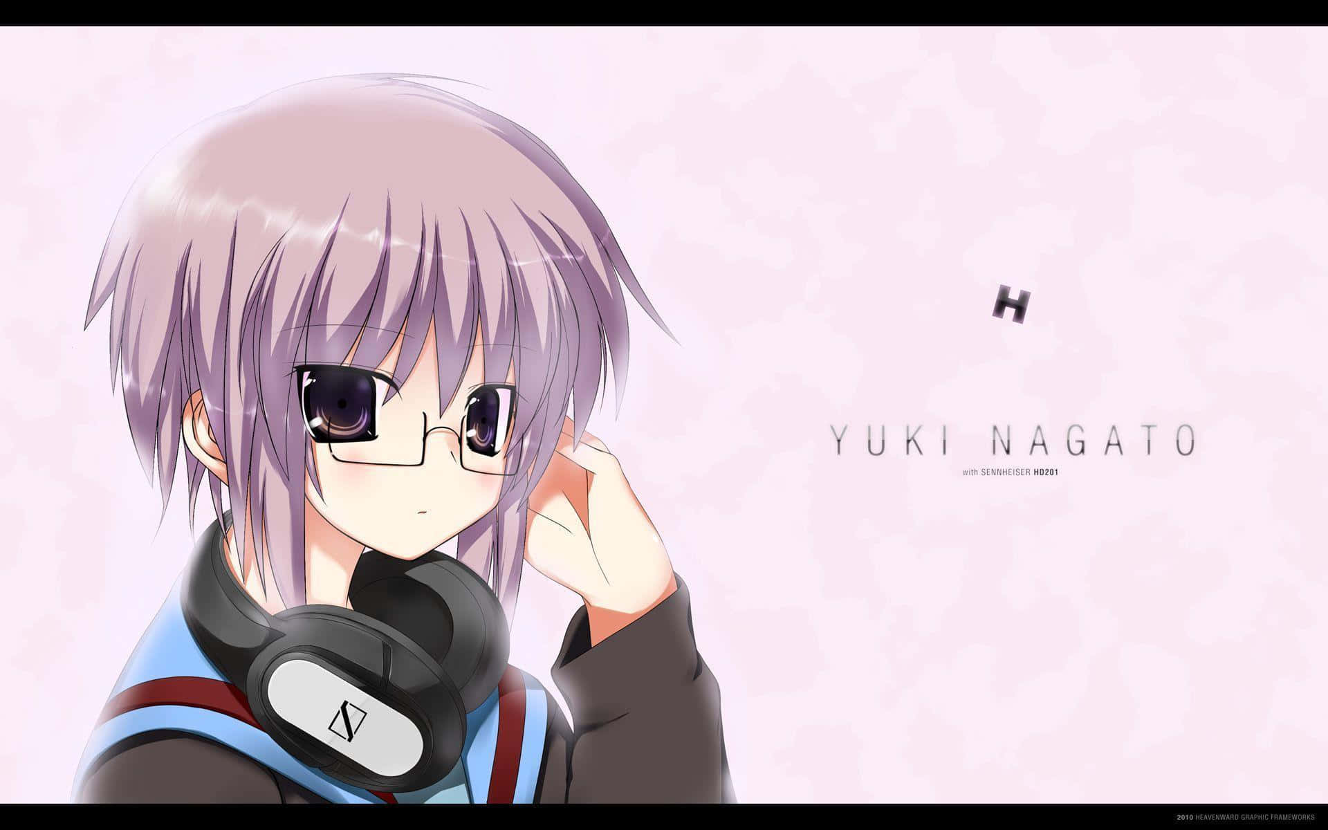 Yuki Nagato 桌布 壁紙 — 一個平靜的動漫女孩，擁有薰衣草色頭髮和眼鏡，在柔和的粉紅色背景前將耳機靠近耳朵。