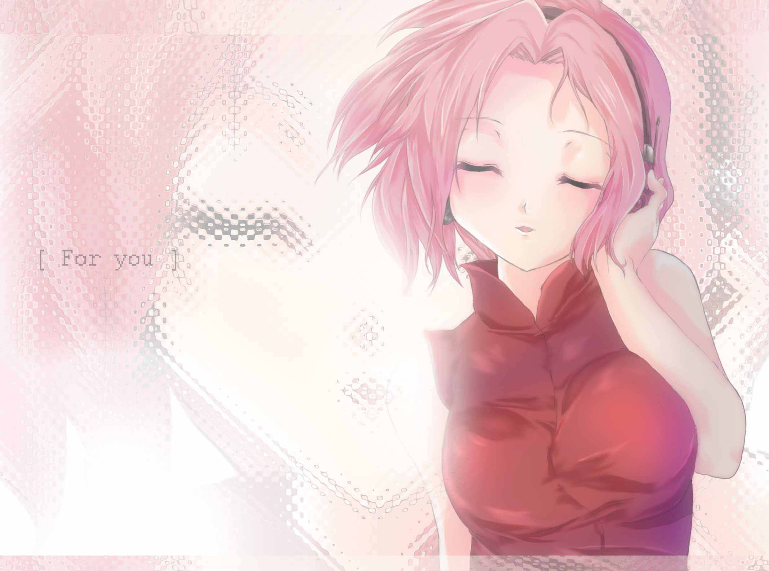 Sakura Haruno 桌布 壁紙 — 一個平靜的動漫女孩，粉紅色頭髮，閉著眼睛，穿著紅色上衣，背景是柔和的粉紅色像素化背景，帶有模糊的臉部輪廓。