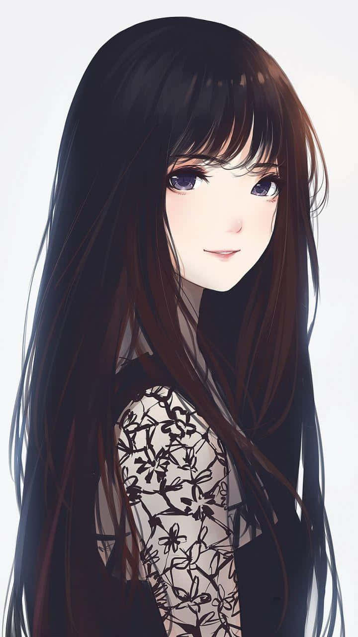 Anime Girl Black Hair 桌布 壁紙 — 一個平靜的動漫女孩，長長的黑髮和紫色的眼睛，在純白色背景上溫柔地微笑。