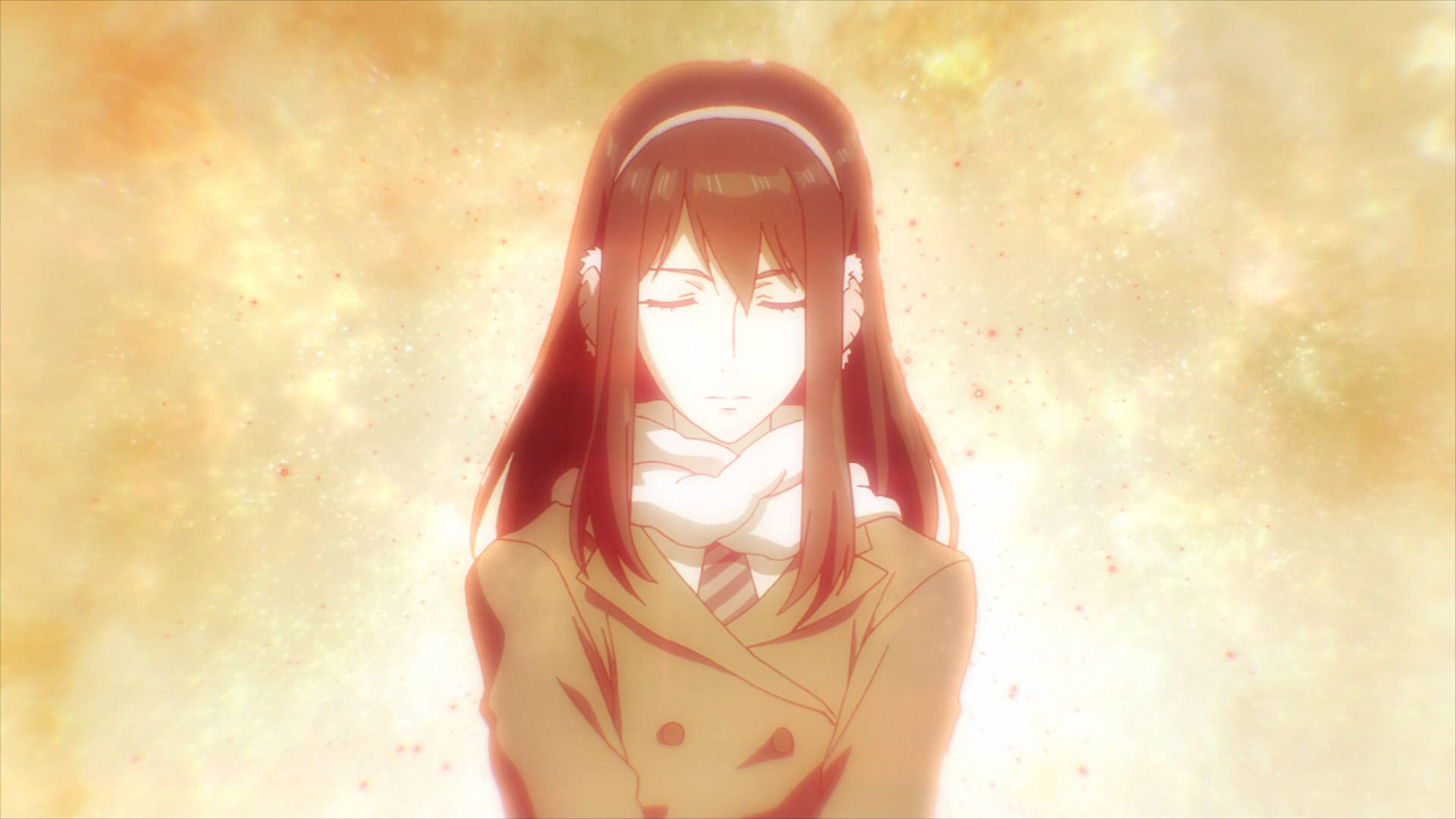 Parasyte 桌布 壁紙 — 一個平靜的動漫女孩閉著眼睛，圍著圍巾，站在一個充滿金色粒子的發光背景前。