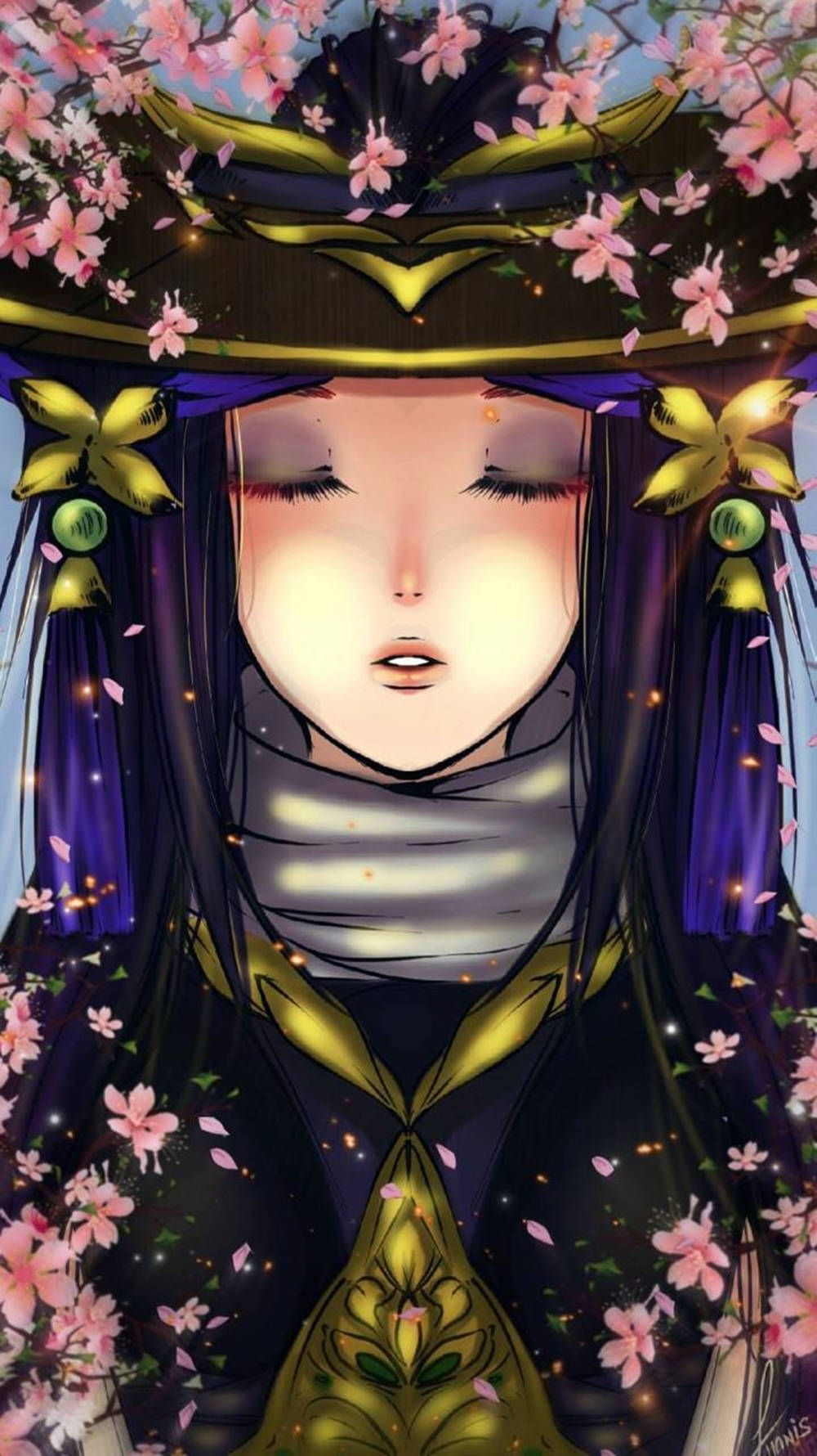 Mobile Legends 動態圖 桌布 壁紙 — 一個平靜的動漫女孩閉著眼睛，戴著金色邊飾的帽子和紫色長袍，被飄落的粉紅色櫻花包圍。
