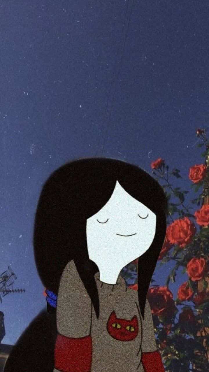 Grunge Cartoon 桌布 壁紙 — 一個平靜的動漫女孩閉著眼睛站在星空下，旁邊是鮮豔的紅玫瑰。