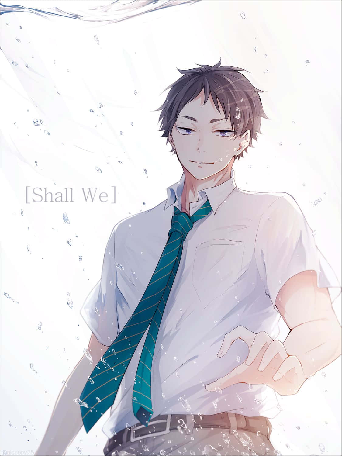Keiji Akaashi 桌布 壁紙 — 一個平靜的動漫男孩，身穿白襯衫和青綠色領帶，站在明亮的背景下，周圍有落下的水滴。