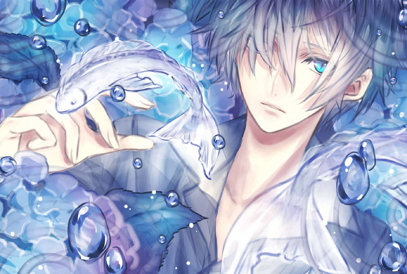Anime Blue Boy 桌布 壁紙 — 一個平靜的動漫男孩，銀色頭髮和藍色眼睛，在旋轉的藍色水和氣泡中輕輕抱著一條半透明的魚。