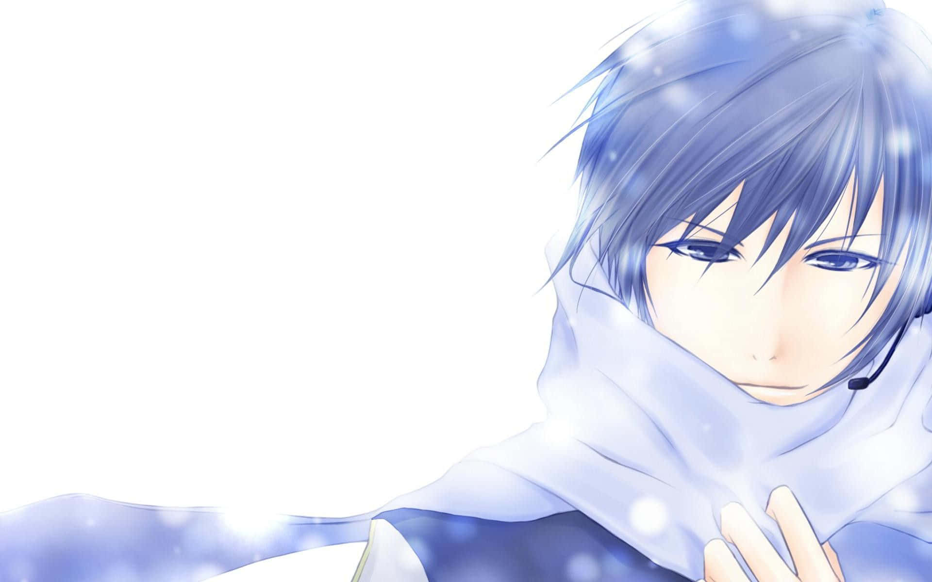Cute Boy Anime 桌布 壁紙 — 一個平靜的動漫男孩，銀色頭髮和藍色眼睛，裹著淺藍色圍巾，背景是雪景。