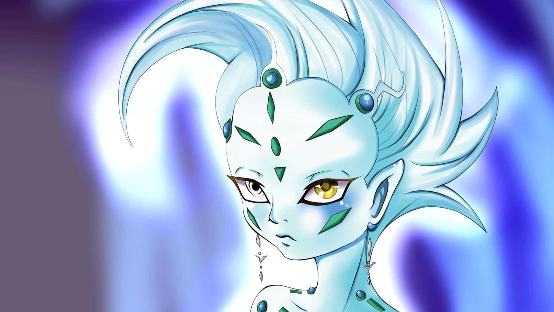 Yu-gi-oh Astral 桌布 壁紙 — 一個平靜的動漫角色，擁有冰藍色頭髮和綠色標記，在充滿活力的藍色光環中發光。