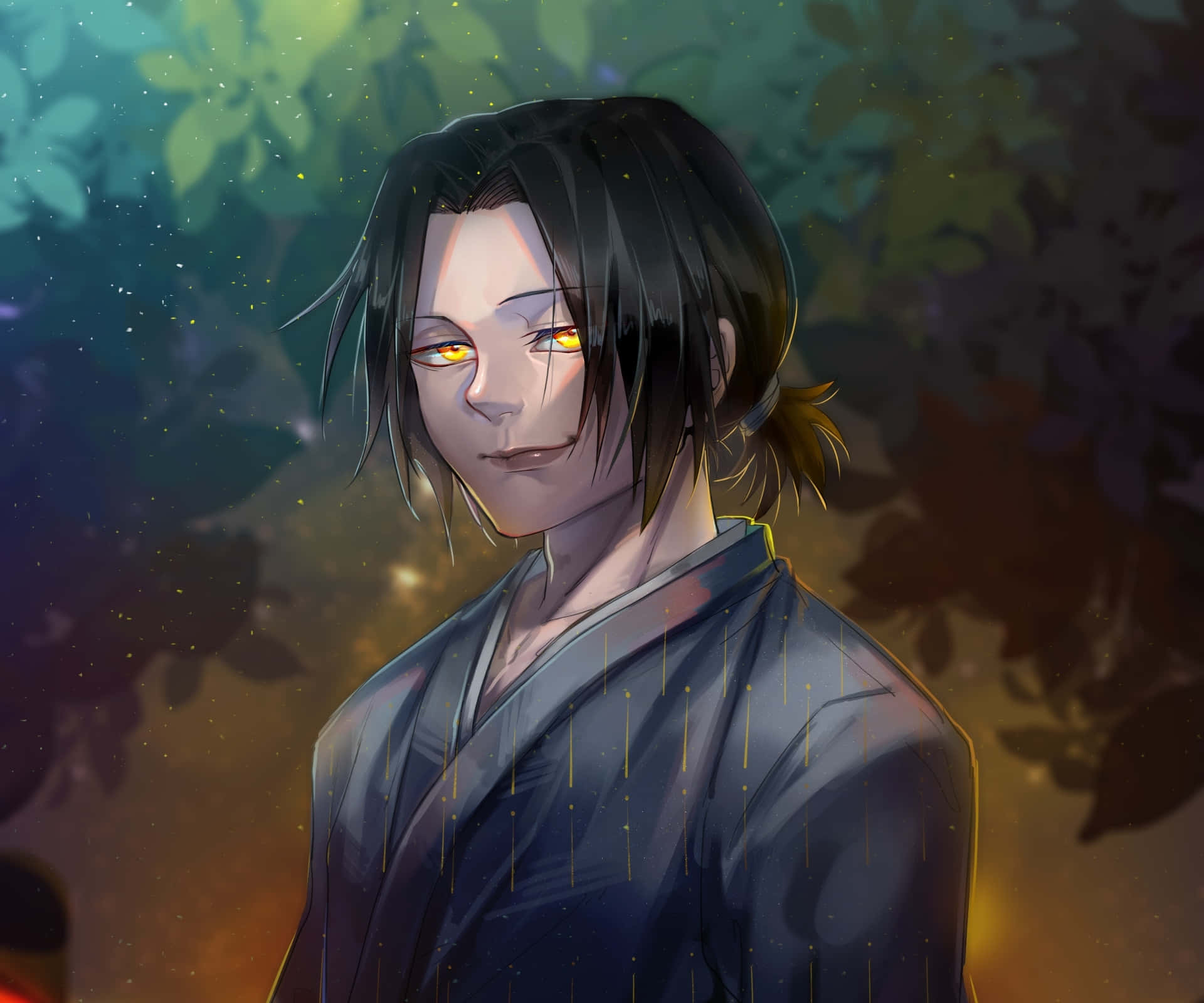 Feitan 桌布 壁紙 — 一個平靜的動漫角色，擁有發光的黃色眼睛和深色頭髮，站在黃昏時分柔和光線的森林中。