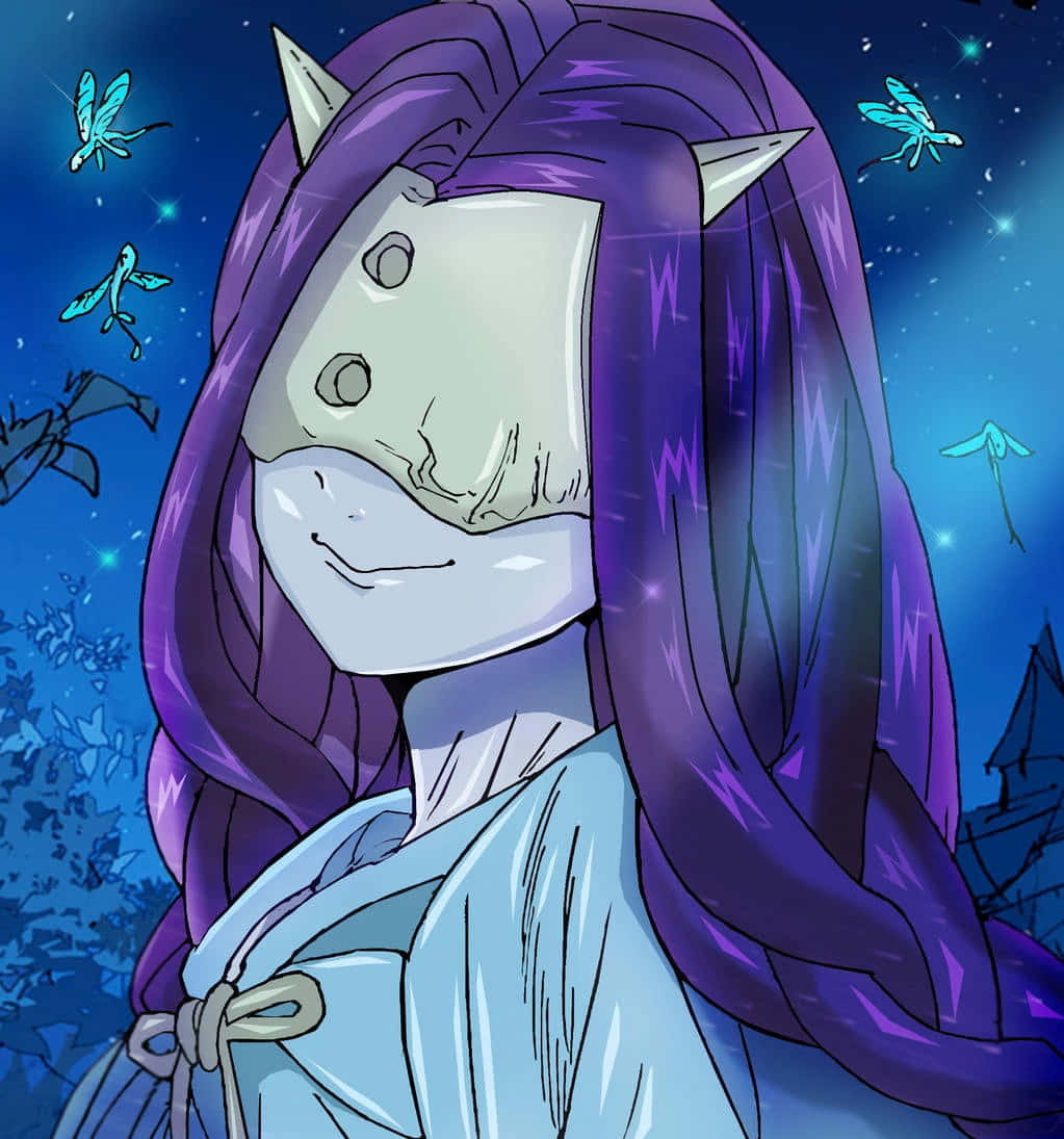 The Promised Neverland Mujika 桌布 壁紙 — 一個平靜的動漫角色，擁有紫色頭髮和貓耳，在繁星點點的夜空下，伴隨著發光的藍色昆蟲，溫柔地微笑。