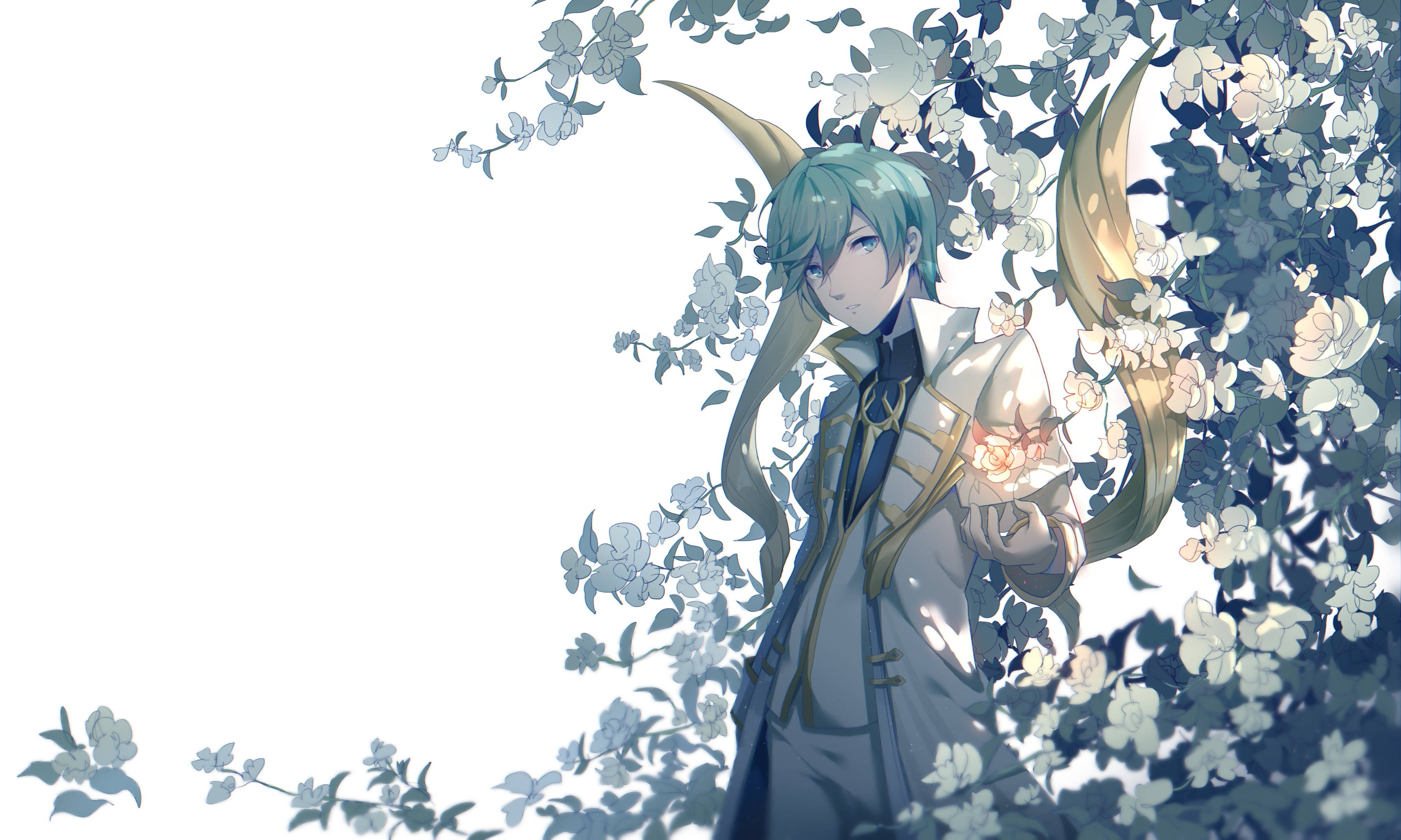 Elsword 桌布 壁紙 — 一個平靜的動漫角色，擁有藍綠色頭髮和金色角，站在盛開的白花中，沐浴在柔和的光線下。