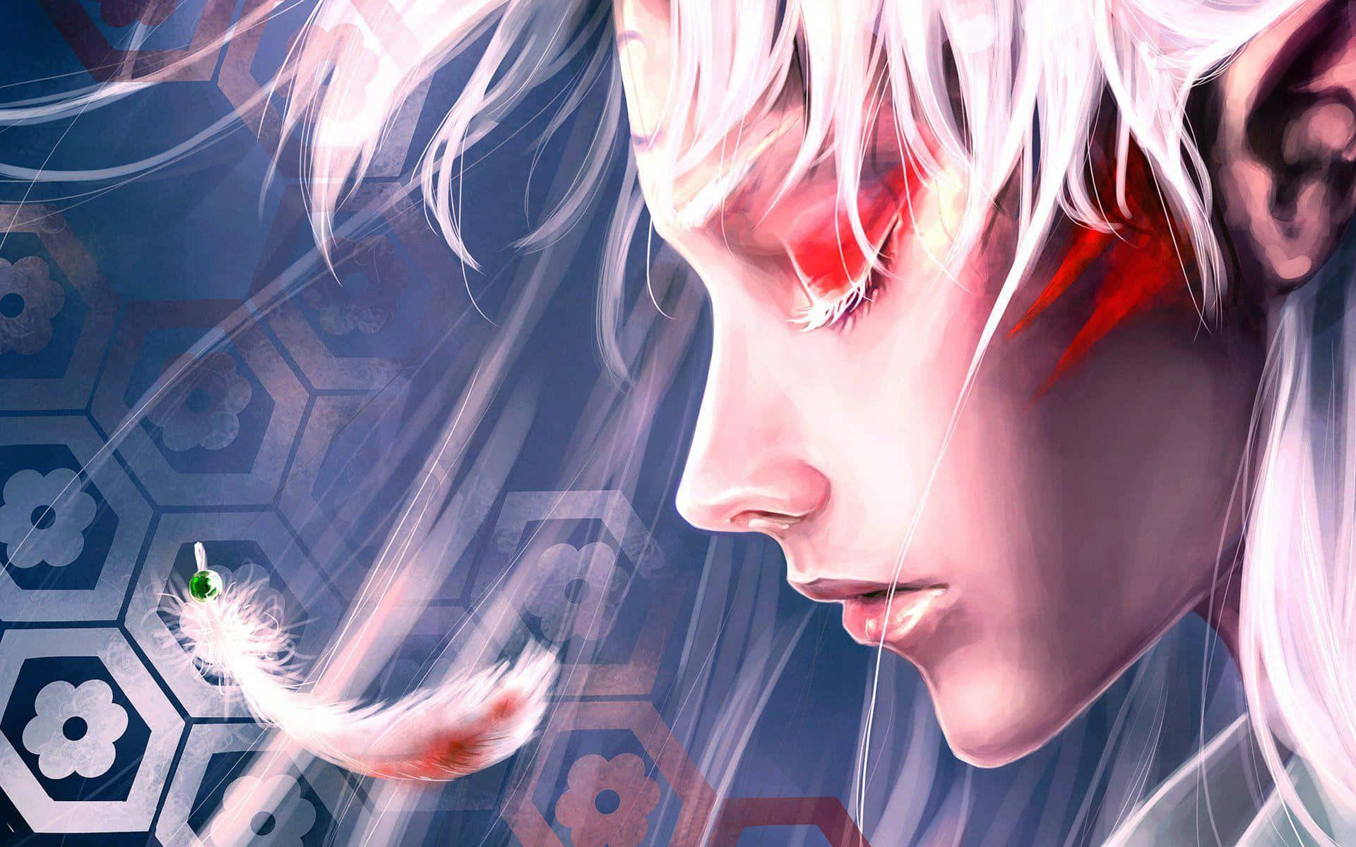 Sesshomaru 桌布 壁紙 — 一個平靜的動漫角色，白髮紅眼，俯視著漂浮在六邊形圖案背景上的羽毛。