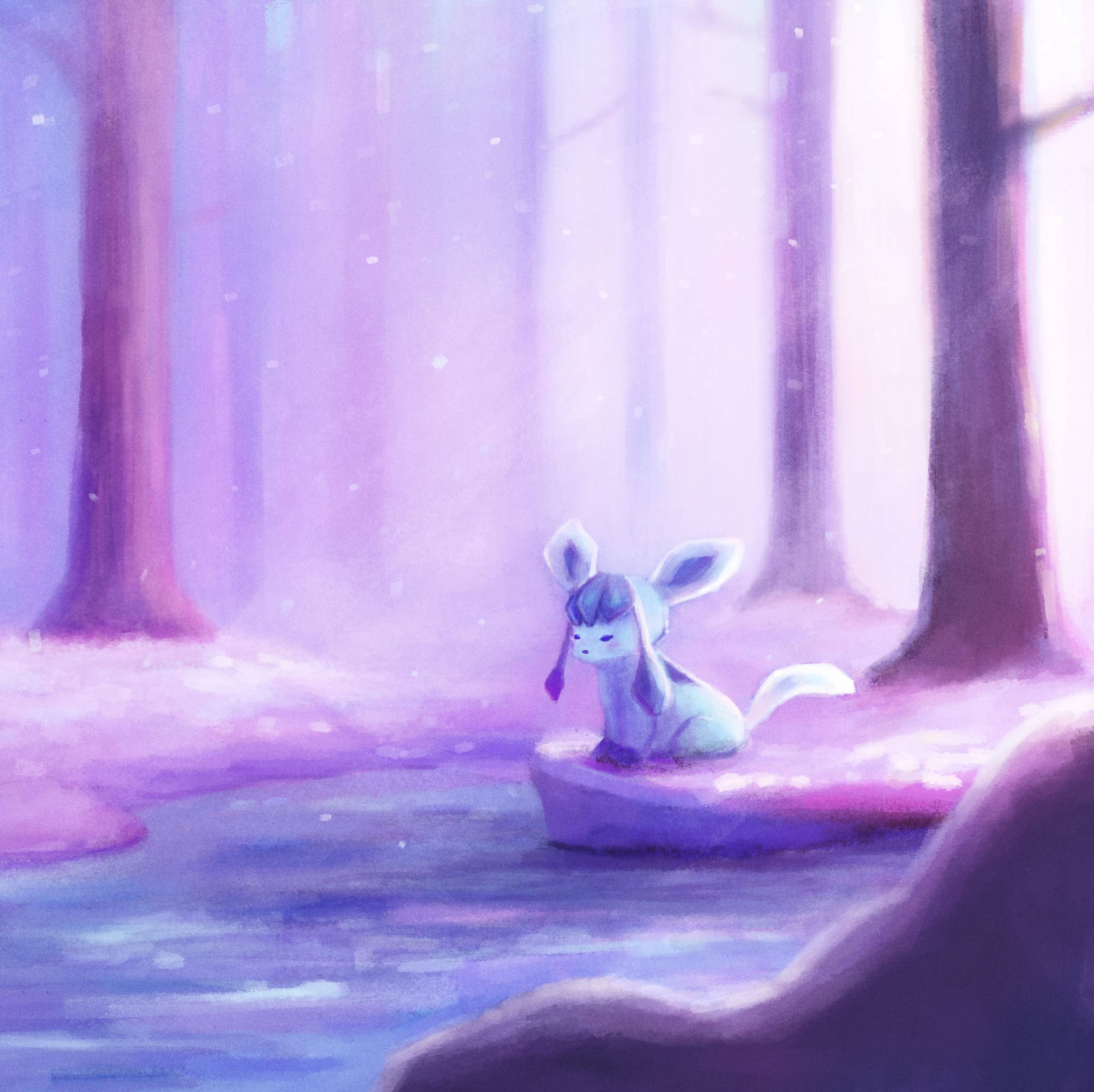 Glaceon 桌布 壁紙 — 一個平靜的動漫風格生物，長著兔耳朵，坐在一艘小船上，漂浮在發光的紫色河流上，周圍是夢幻森林中的高大樹木。
