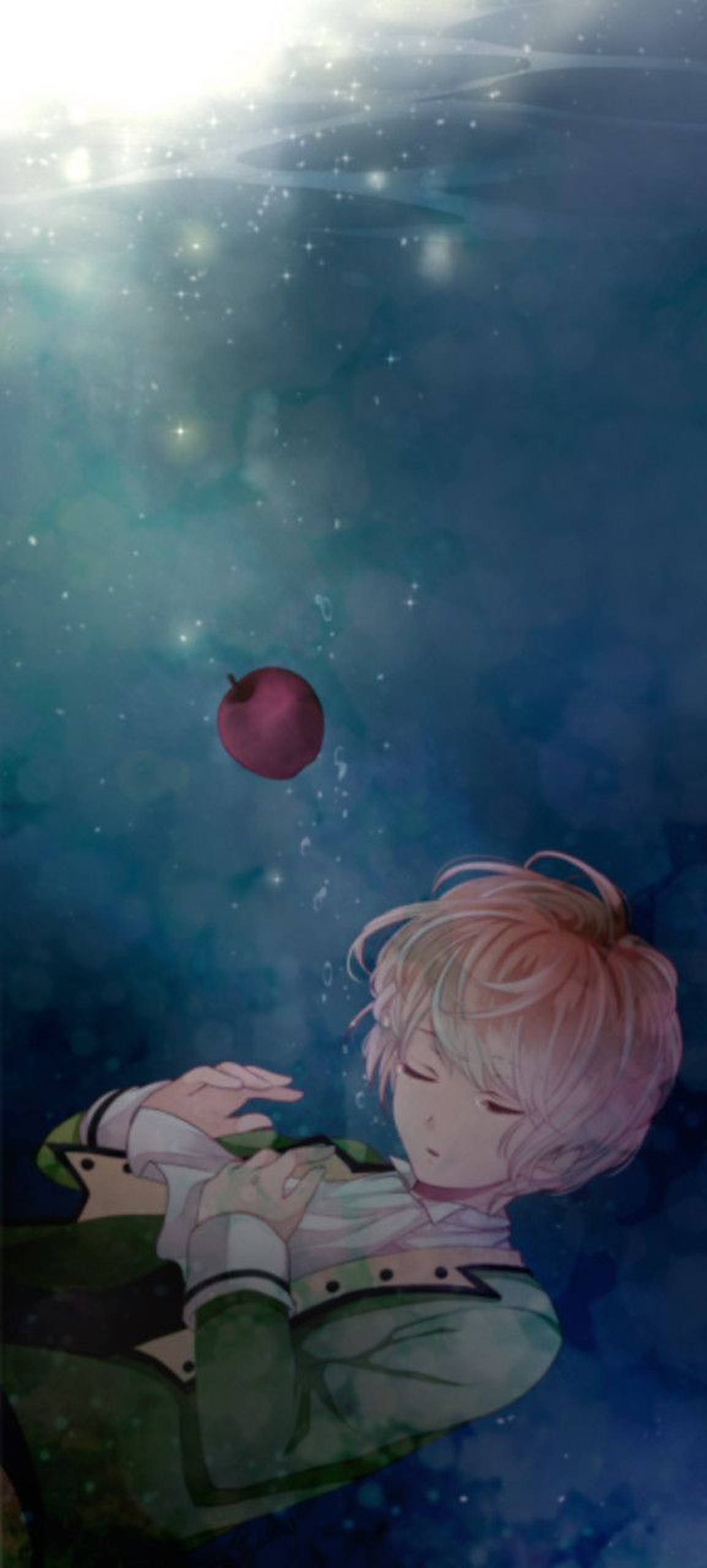 Diabolik Lovers 桌布 壁紙 — 一個平靜的動畫男孩，粉紅色頭髮，漂浮在水下，伸手去拿一個紅蘋果，陽光透過藍色深處照射進來。
