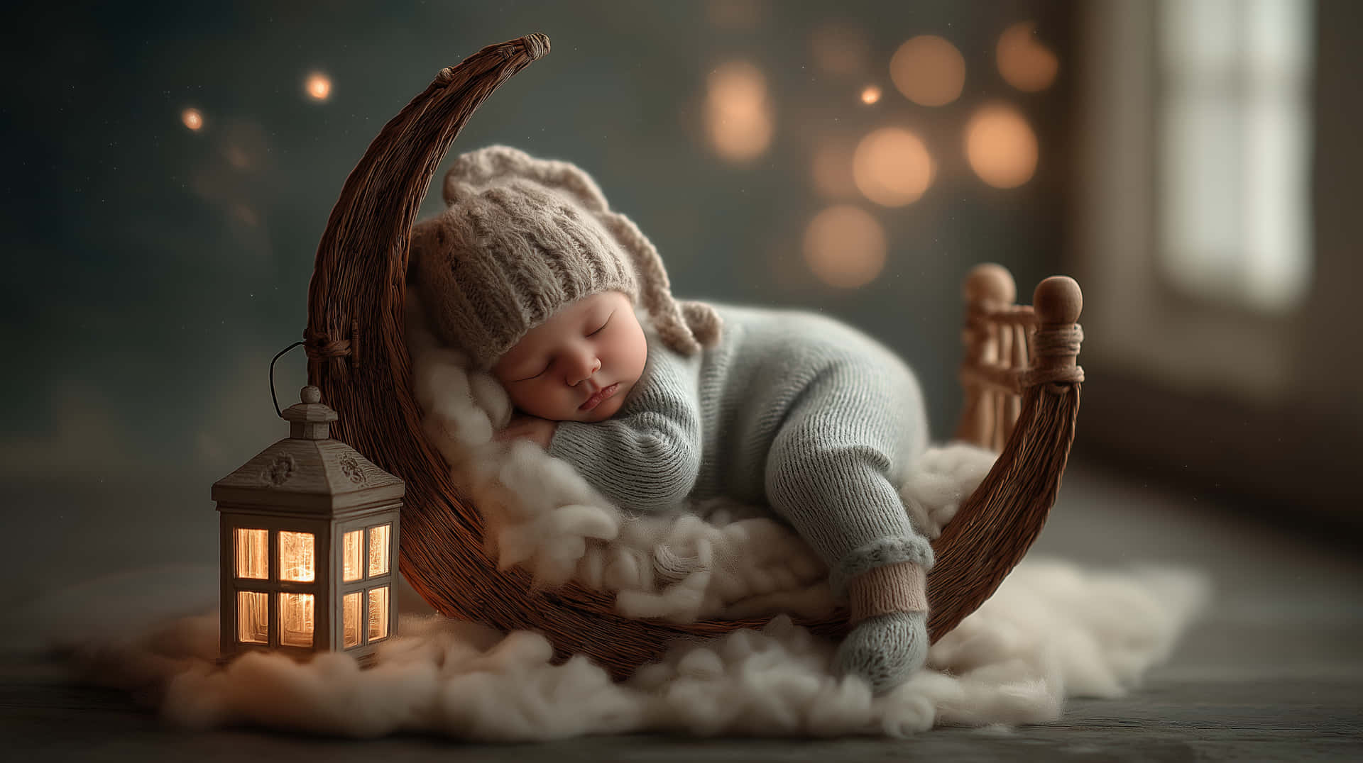 Dreamy Newborn Sleeping Peacefully on a Moon with Lantern Glow 壁紙 — 一個平靜的新生兒在 fluffy 雲上，在發光燈籠旁邊的月牙形籃子裡睡覺。