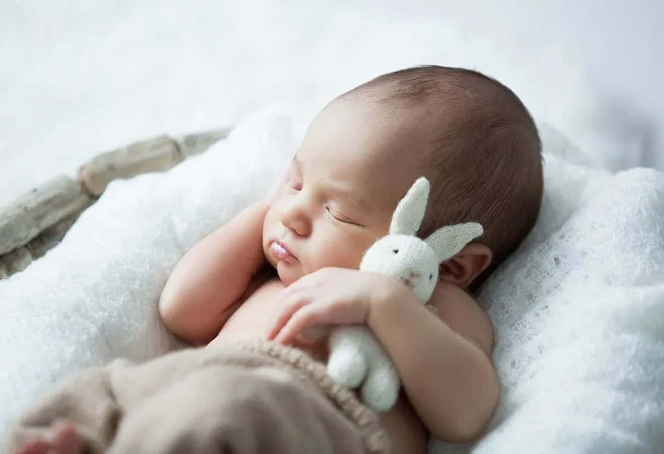 Infant 桌布 壁紙 — 一個平靜的新生嬰兒在 fluffy 白色床上用品中緊緊抱著柔軟的白色編織兔公仔，安然入睡。