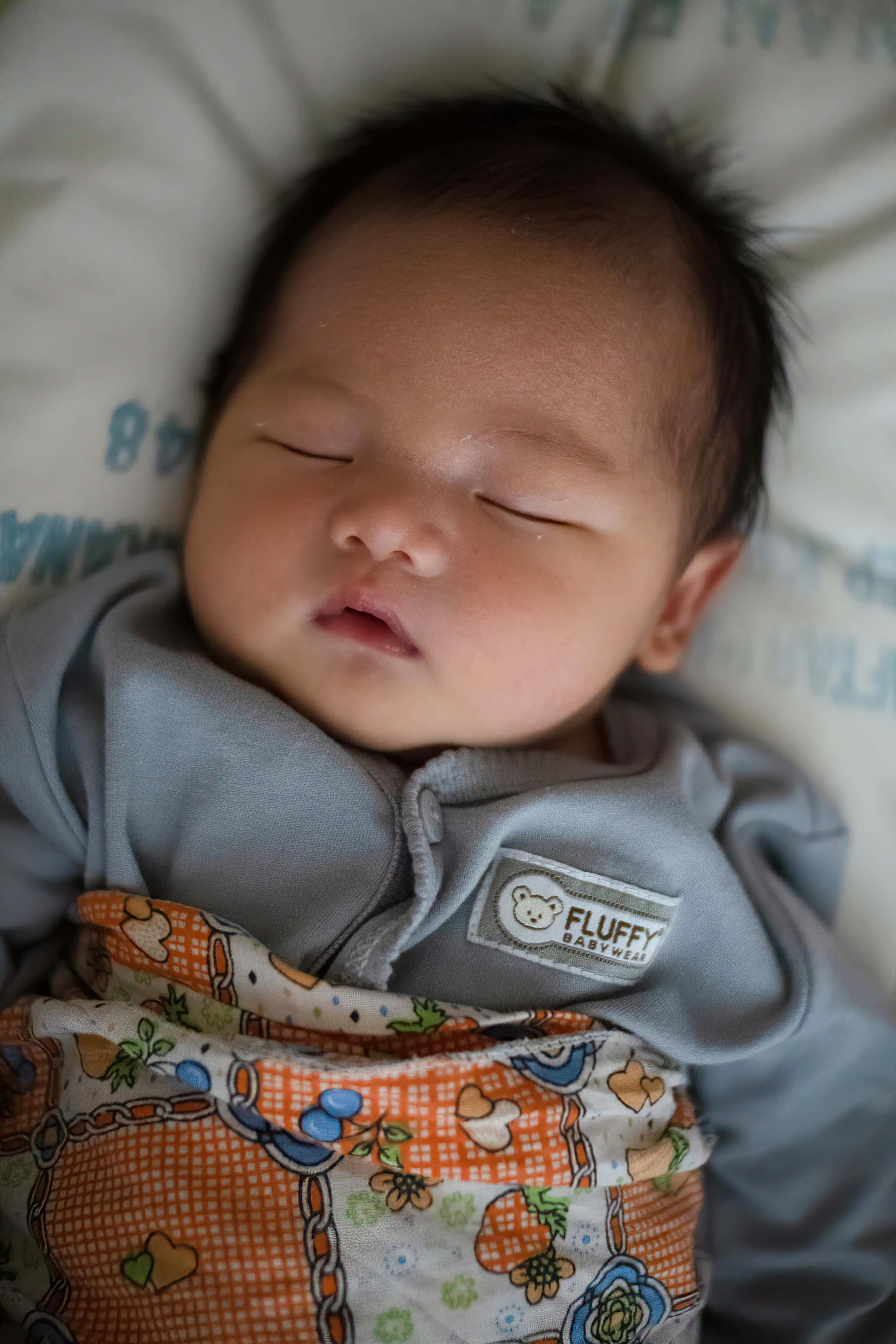 Baby Boy 桌布 壁紙 — 一個平靜的新生嬰兒在柔軟的枕頭上，被一條色彩繽紛的圖案毯子包裹著，安穩地睡著。