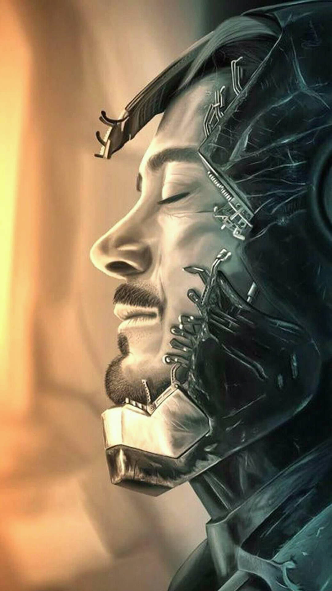 tony stark 桌布 壁紙 — 一個平靜的機械人，半邊臉被發光的機械部件取代，沐浴在溫暖的金色光芒中。