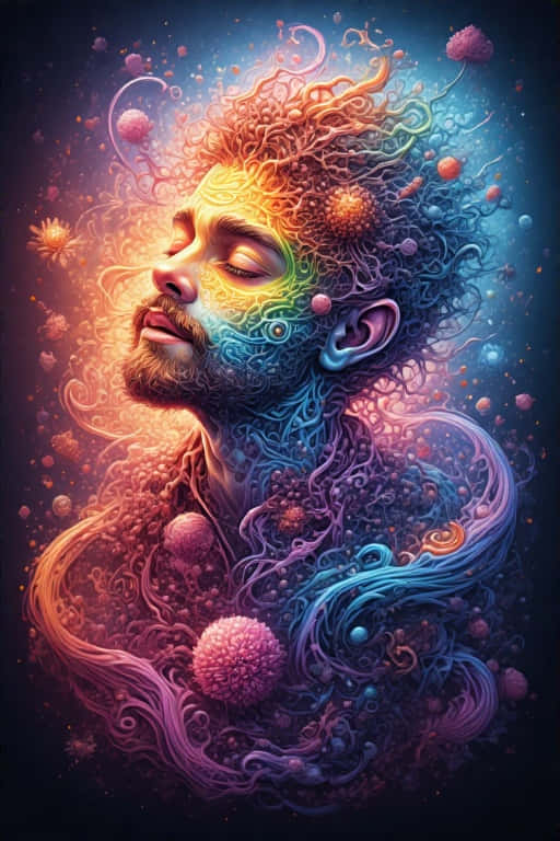 Vibrant Inspiring Digital Art Idea Sparking 8K 壁紙 — 一個平靜閉眼的男人，頭髮和肩膀上有鮮豔的漩渦宇宙圖案和發光球體，背景是深藍色。