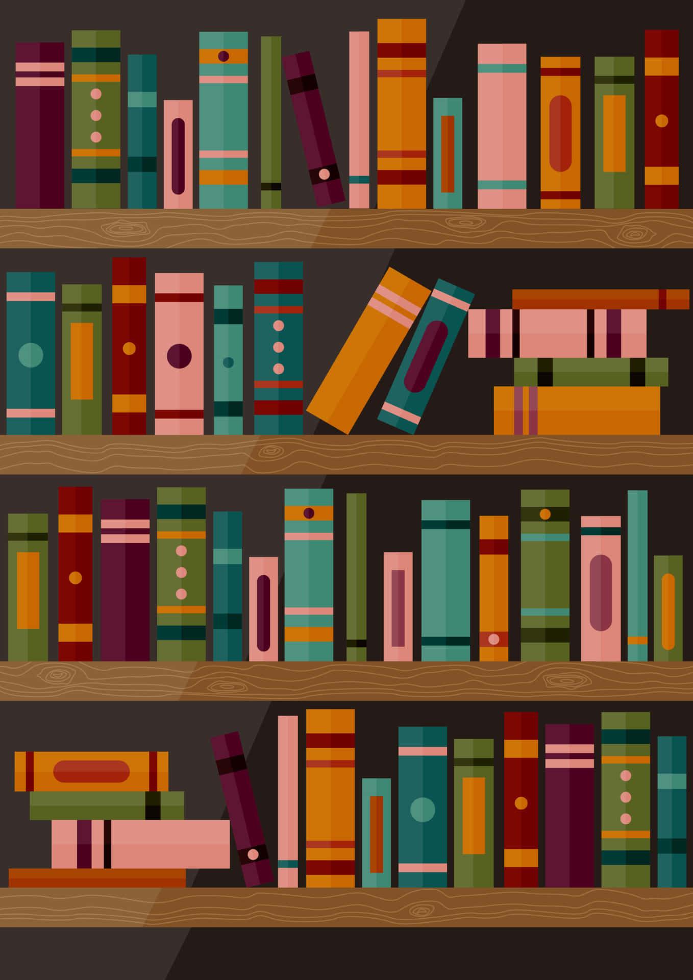 Shelf 桌布 壁紙 — 一個平面向量插圖，展示木製書架上擺滿了各種方向的多彩書籍。