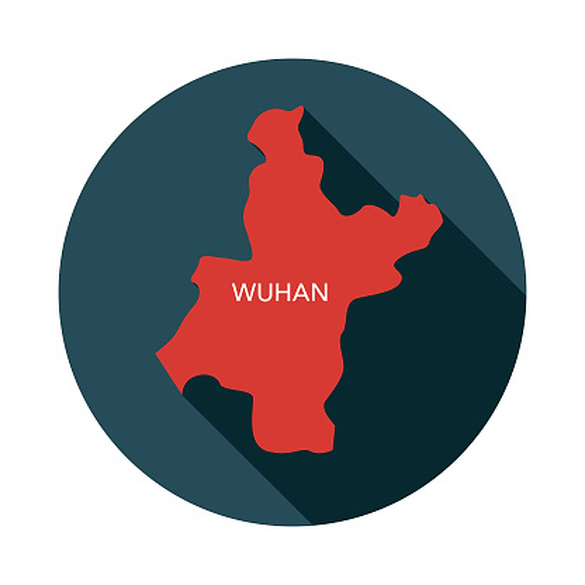 Wuhan 桌布 壁紙 — 一個平面設計圖示顯示紅色武漢地圖輪廓，在深青色圓圈內帶有長陰影。