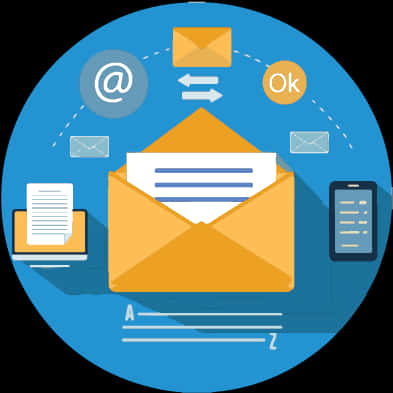 Email 桌布 壁紙 — 一個平面設計插圖，展示一個打開的橙色信封，周圍環繞著電子郵件圖標和設備，背景為藍色圓形。