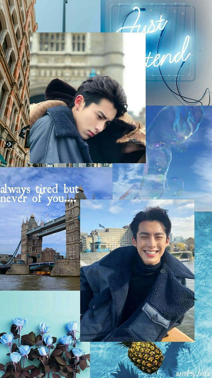 Dylan Wang 桌布 壁紙 — 一個年輕人在城市環境中的鮮豔拼貼畫，霓虹燈和藍色花卉點綴在明亮的日光下。