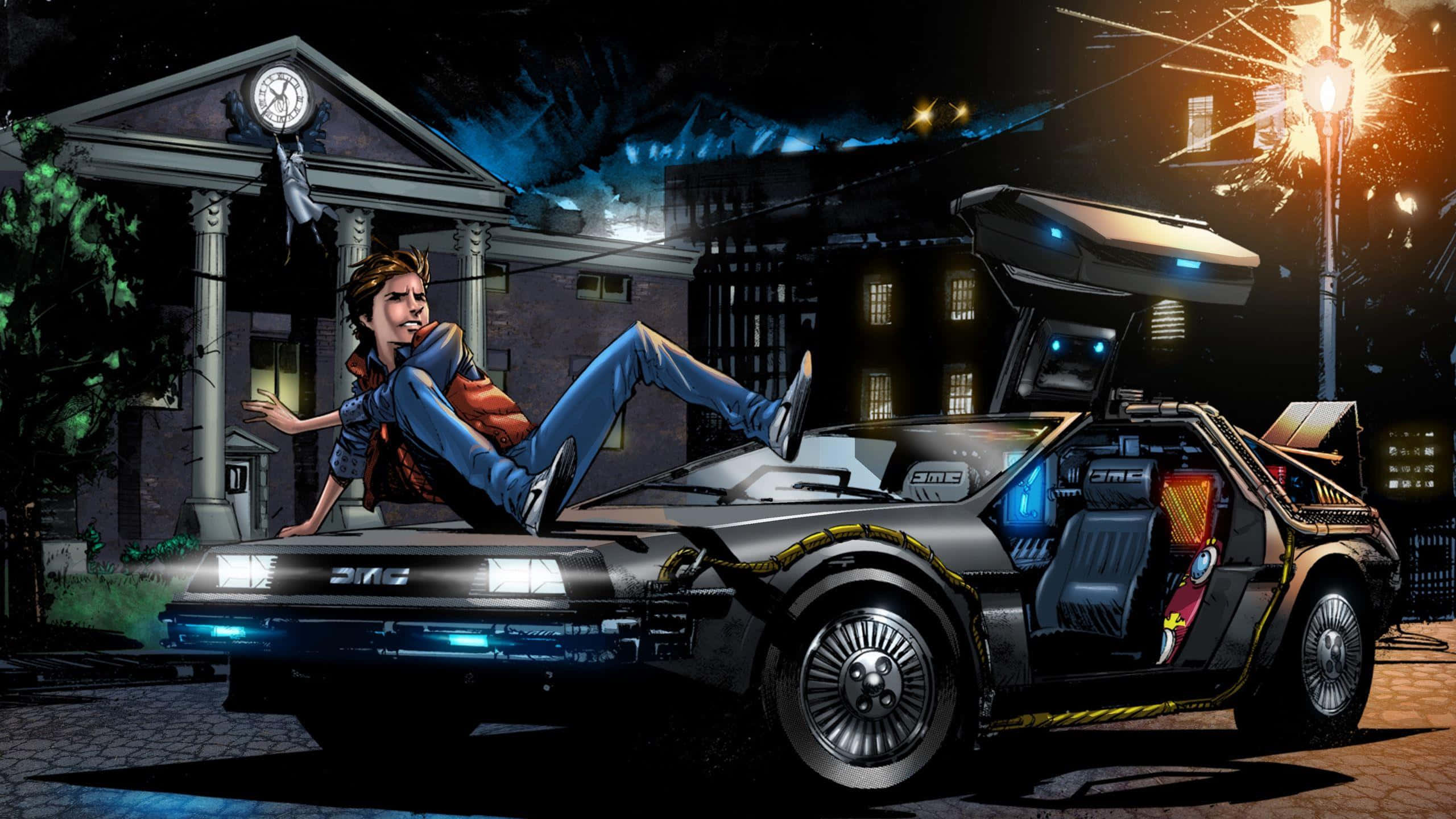 回到未來 桌布 壁紙 — 一個年輕人在夜晚從一輛未來風格的 DeLorean 時光機中探出身子，車子停著，發出藍色光芒，頭頂有煙火爆炸。