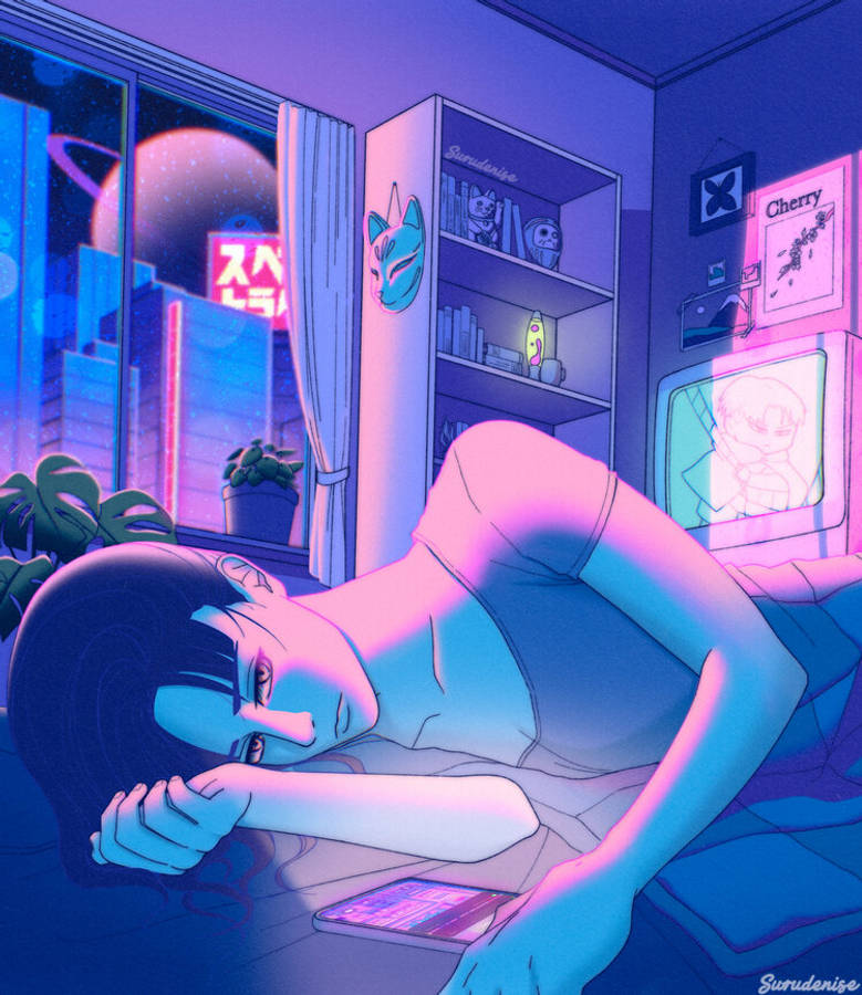 Digital 桌布 壁紙 — 一個年輕人在床上睡覺，房間充滿霓虹燈光，窗外可見發光的城市景觀。