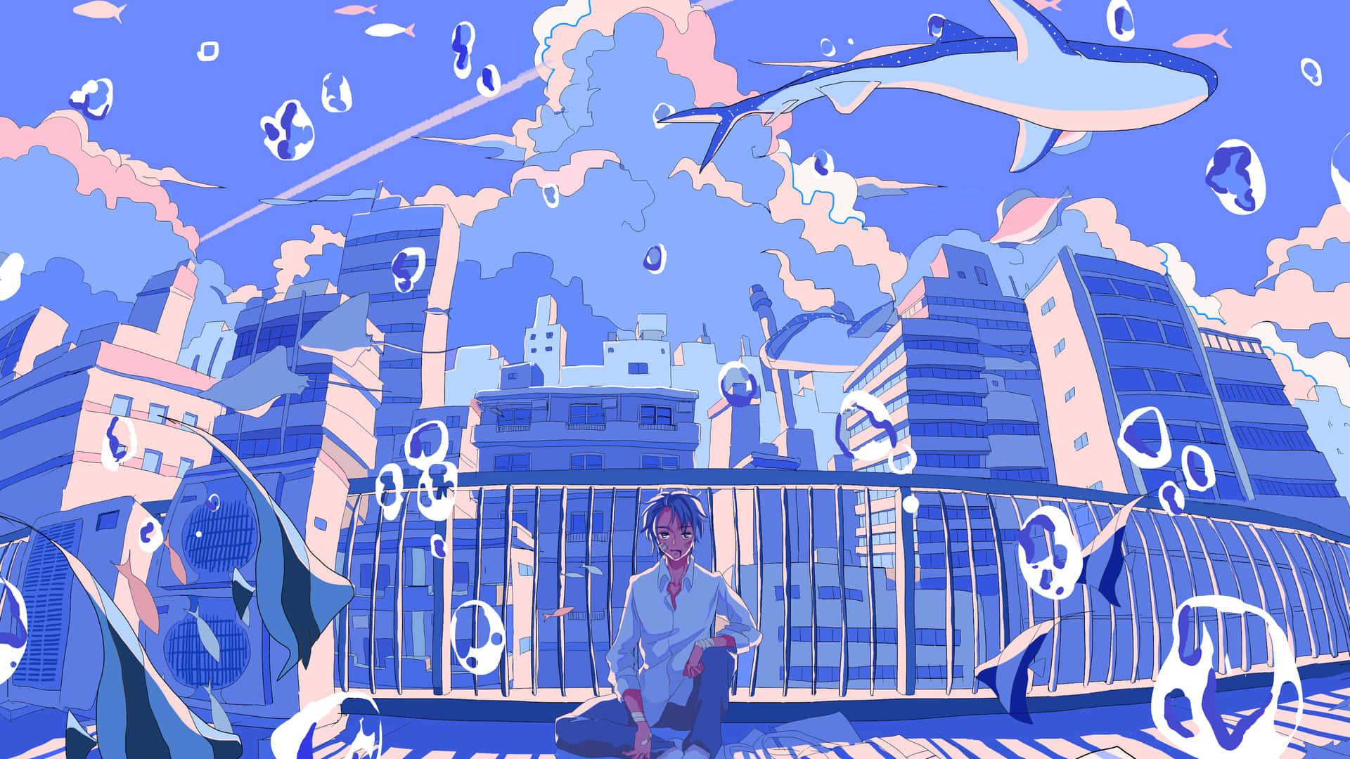 Blue Aesthetic Desktop 桌布 壁紙 — 一個年輕人坐在城市陽台上，鯊魚和魚在充滿泡泡的超現實藍色天空中游動。