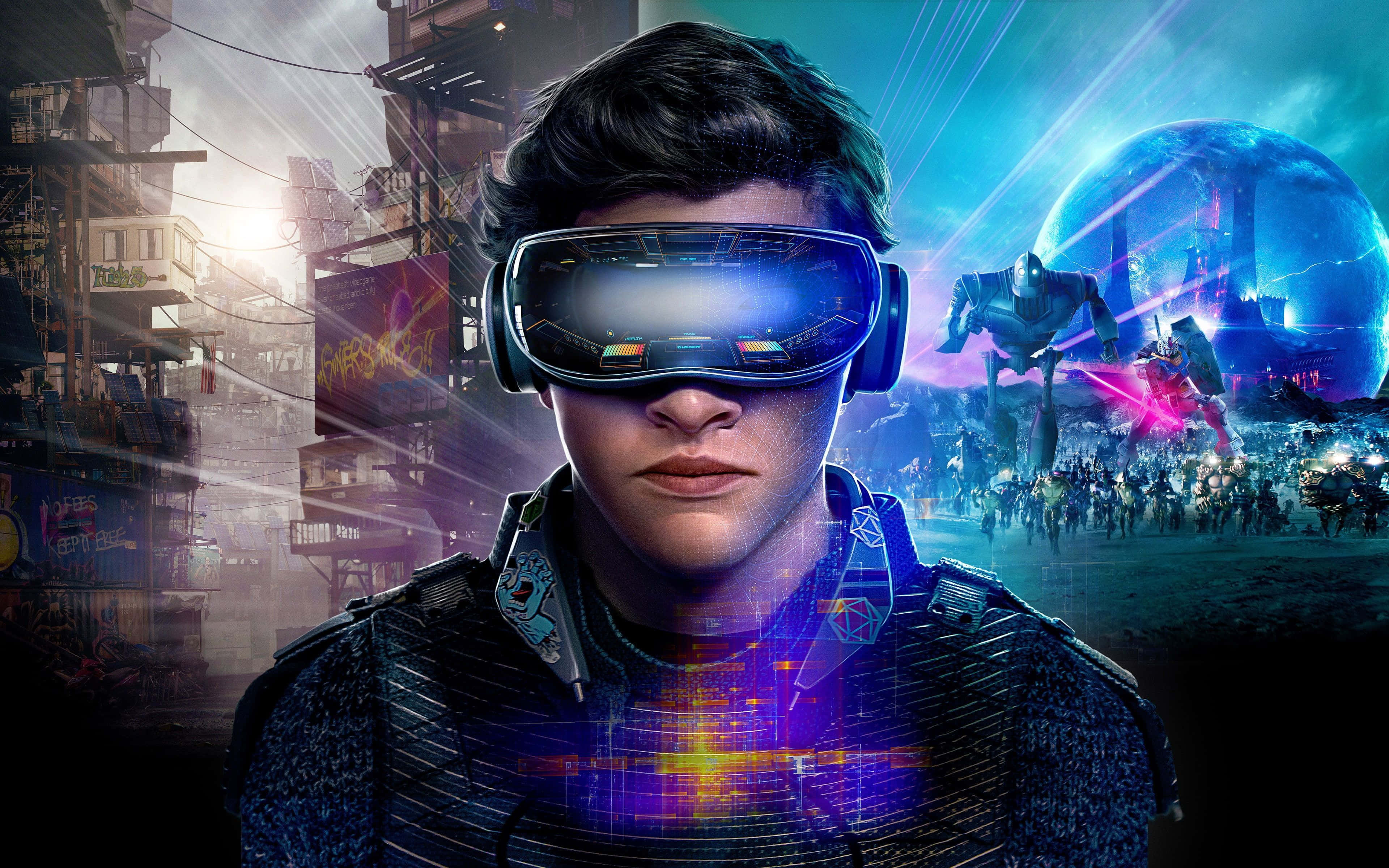 vr 桌布 壁紙 — 一個年輕人戴著未來感的VR眼鏡，霓虹閃爍的賽博龐克城市景觀和發光的外星行星在數位夢境中碰撞。