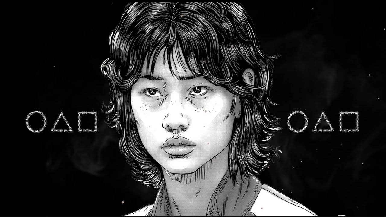 game 桌布 壁紙 — 一個年輕人的單色動漫風格肖像，擁有紋理頭髮和強烈眼神，背景為帶有幾何符號的深色背景。