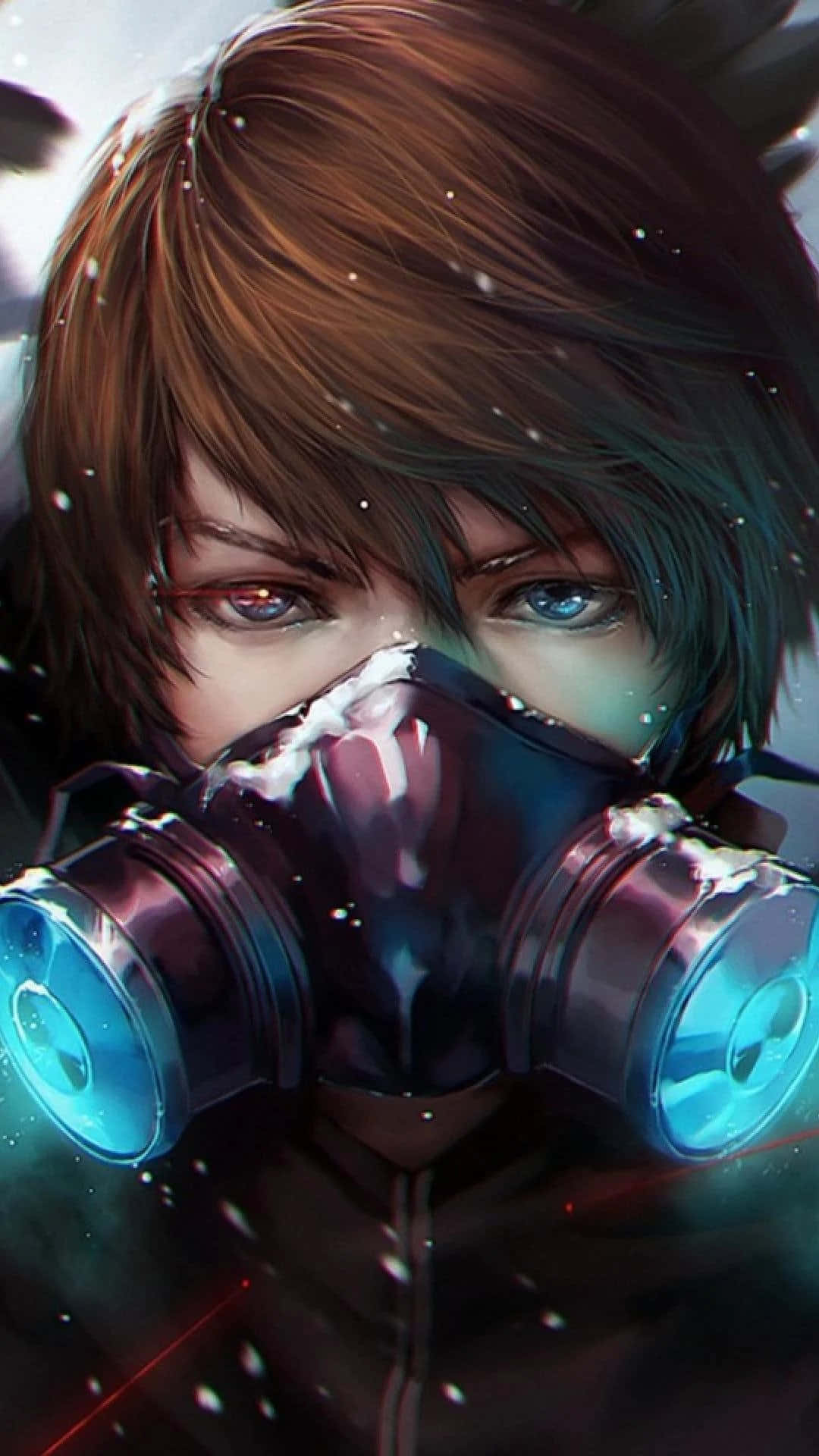 Nightcore 桌布 壁紙 — 一個年輕人的特寫，擁有異色瞳，在飄落的雪花中戴著發光的藍色防毒面具。