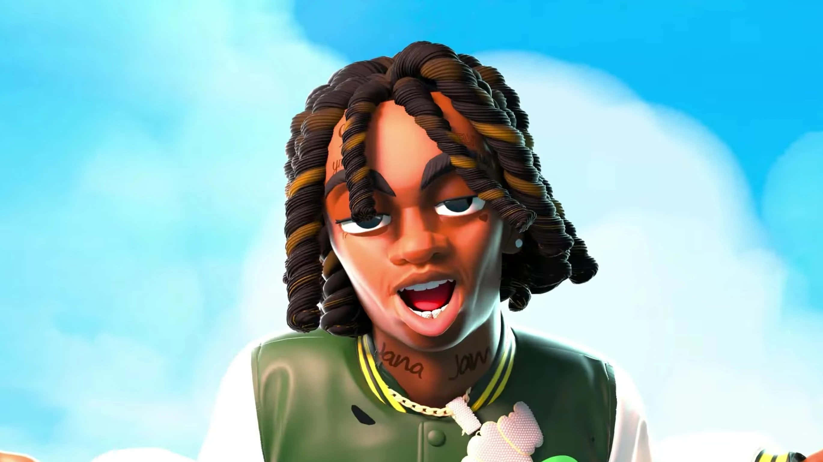 Ynw Melly Cartoon 桌布 壁紙 — 一個年輕人的鮮豔數位肖像，編著辮子，穿著綠色背心，背景是明亮的藍天和蓬鬆的雲朵。