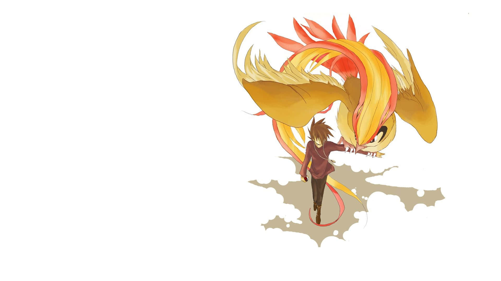 Pokemon Fan Art 桌布 壁紙 — 一個年輕人站在雲端上，一隻雄偉的火焰鳳凰以鮮豔的橙色和金色色調在他們周圍盤旋。