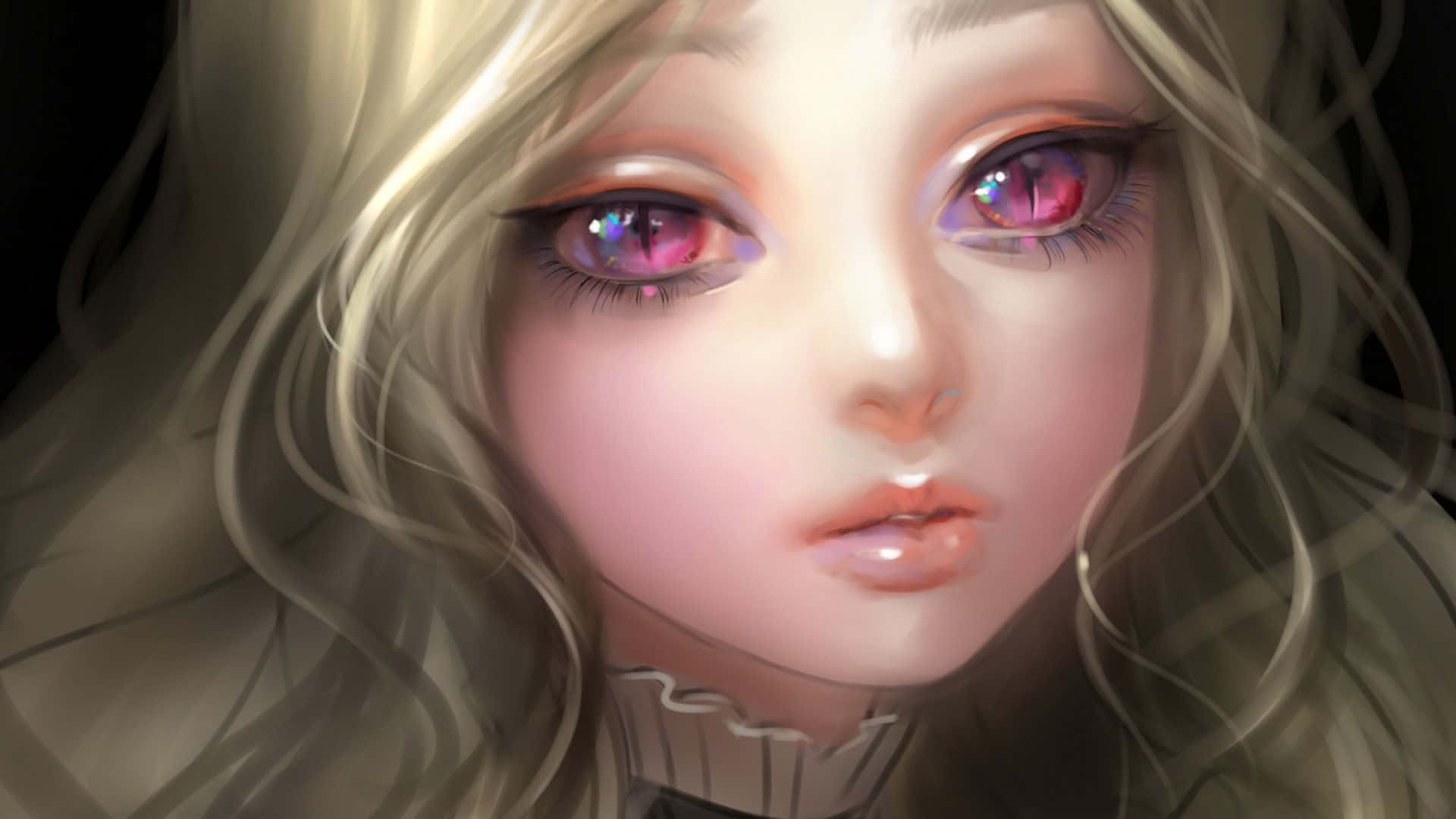 動漫 桌布 壁紙 — 一個年輕動漫女孩的特寫，她擁有發光的粉紅色眼睛和飄逸的金色頭髮，背景是黑暗的。