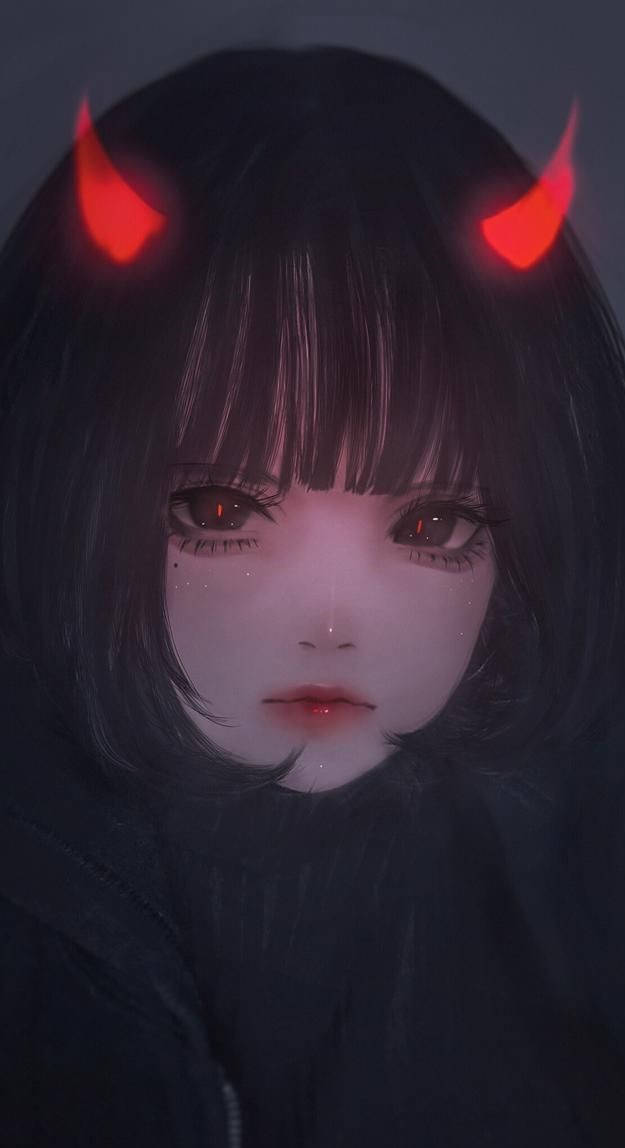 Sad Demon Girl 桌布 壁紙 — 一個年輕動漫女孩的特寫，她有發光的紅色惡魔角和匹配的眼睛，背景是黑暗的。