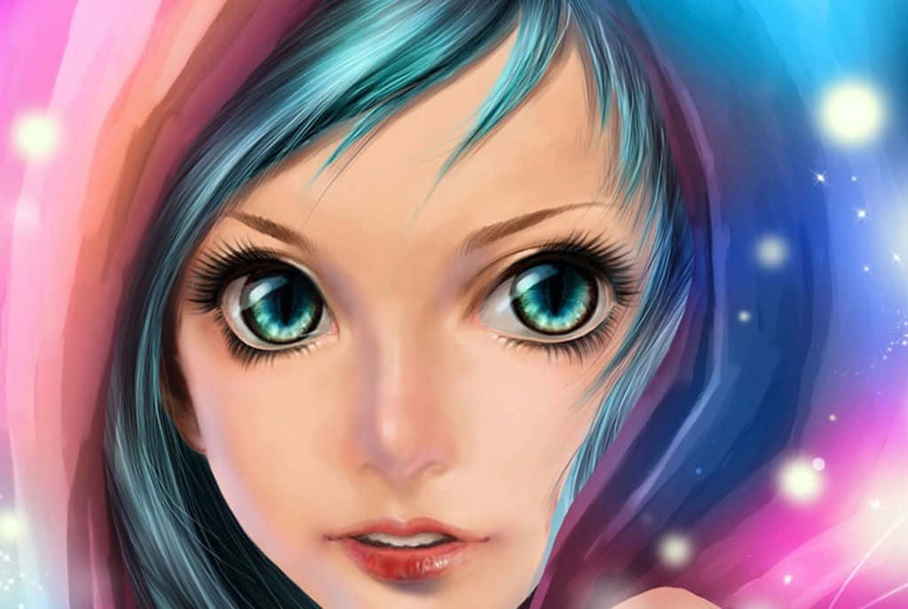動漫女孩 桌布 壁紙 — 一個年輕動漫女孩的特寫，擁有引人注目的藍色眼睛和青色頭髮，背景是發光的粉紅色和藍色宇宙背景。