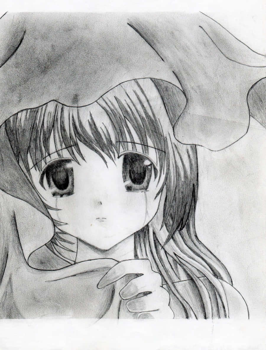 動漫繪圖 桌布 壁紙 — 一個年輕動漫女孩的鉛筆素描，她有著大大的、富有表情的眼睛和長髮，從兜帽下探出頭來。