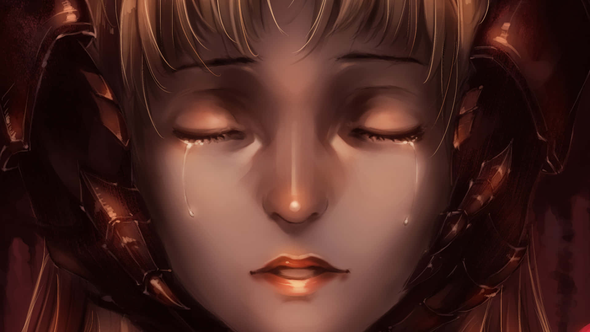 Crying 桌布 壁紙 — 一個年輕動漫女孩穿著華麗盔甲，在溫暖燈光下閉著眼睛輕聲哭泣的特寫。