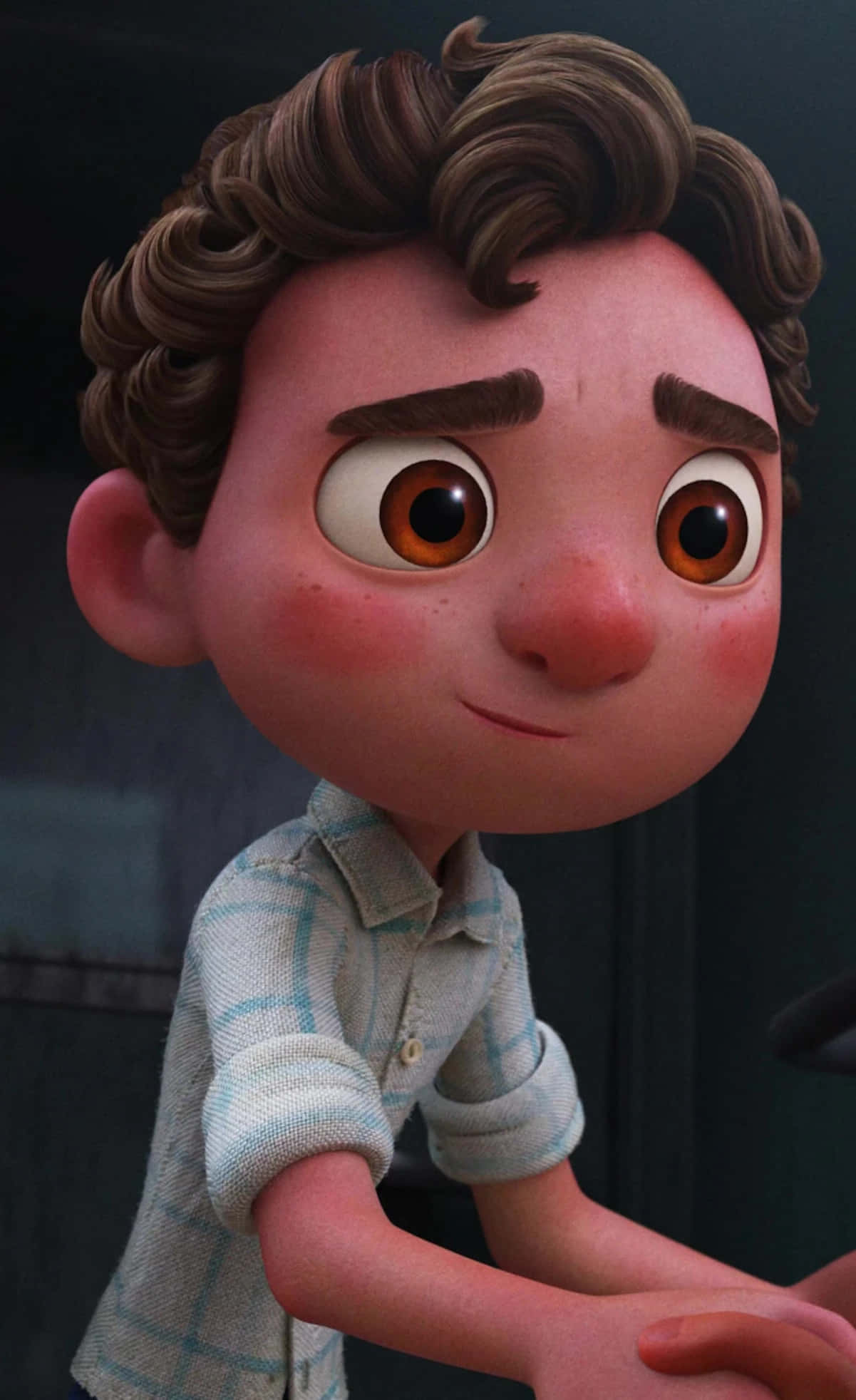 Disney Profile 桌布 壁紙 — 一個年輕動畫男孩的特寫，他有著捲曲的棕色頭髮和寬大富有表情的眼睛，穿著一件格子襯衫。