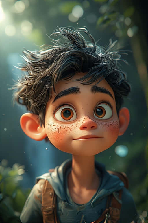 3D Cartoon Disney Character Portrait in Whimsical Forest 壁紙 — 一個年輕動畫男孩的近照，他有凌亂的深色頭髮和雀斑，在陽光明媚的森林中溫柔地微笑。